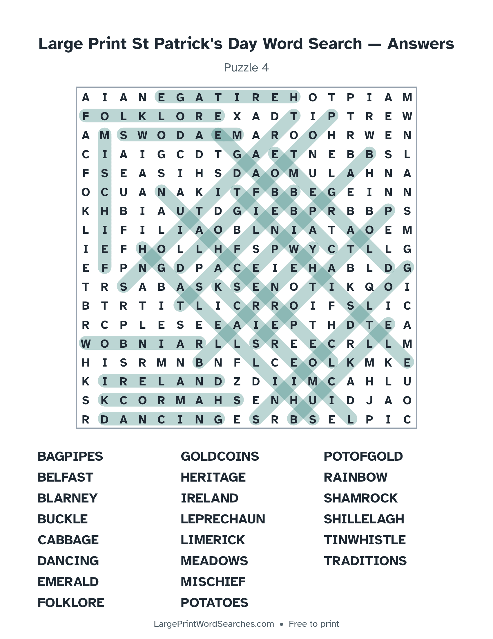 Answer key for large print st patrick's day word search puzzle 4 with every hidden word highlighted