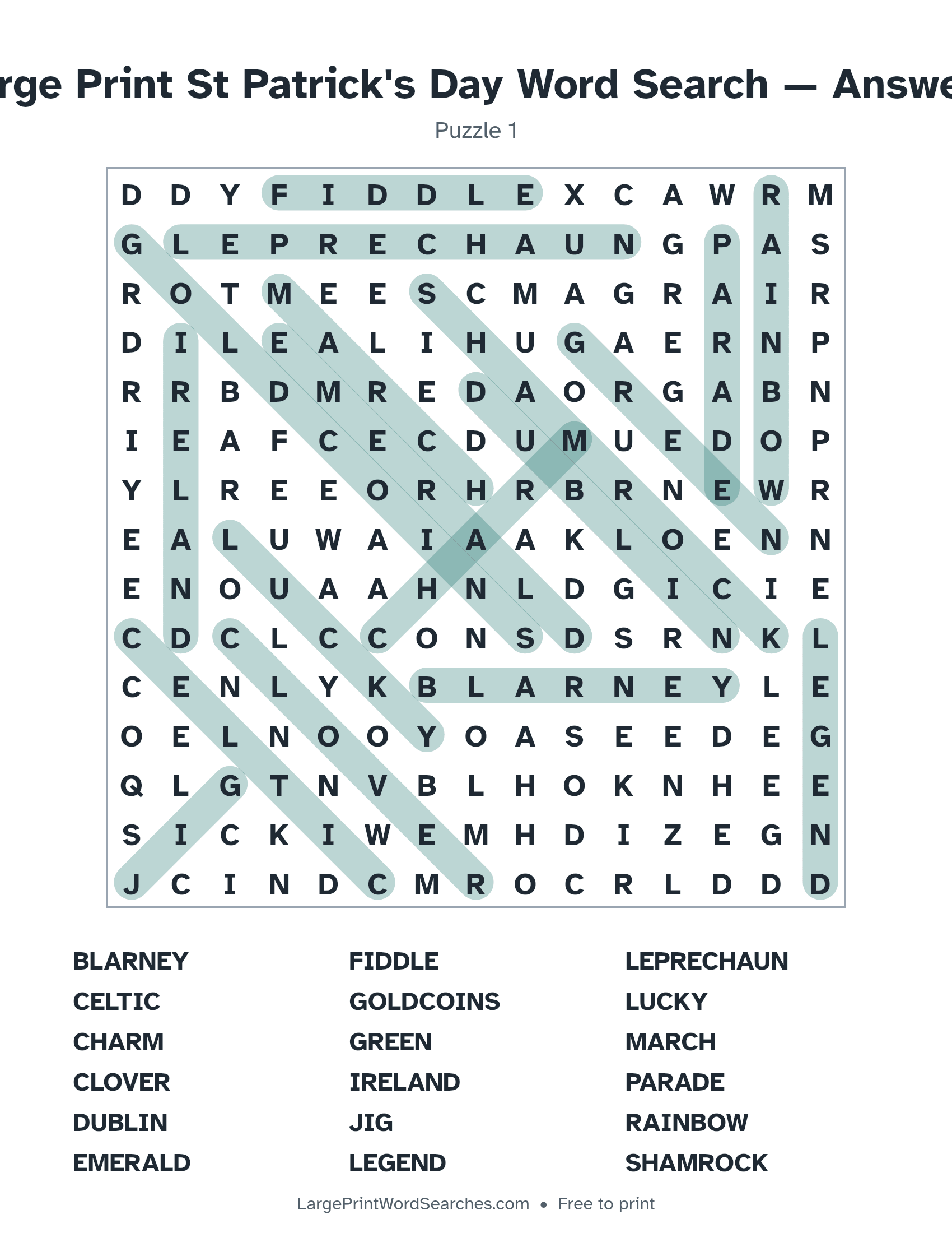 Answer key for large print st patrick's day word search puzzle 1 with every hidden word highlighted