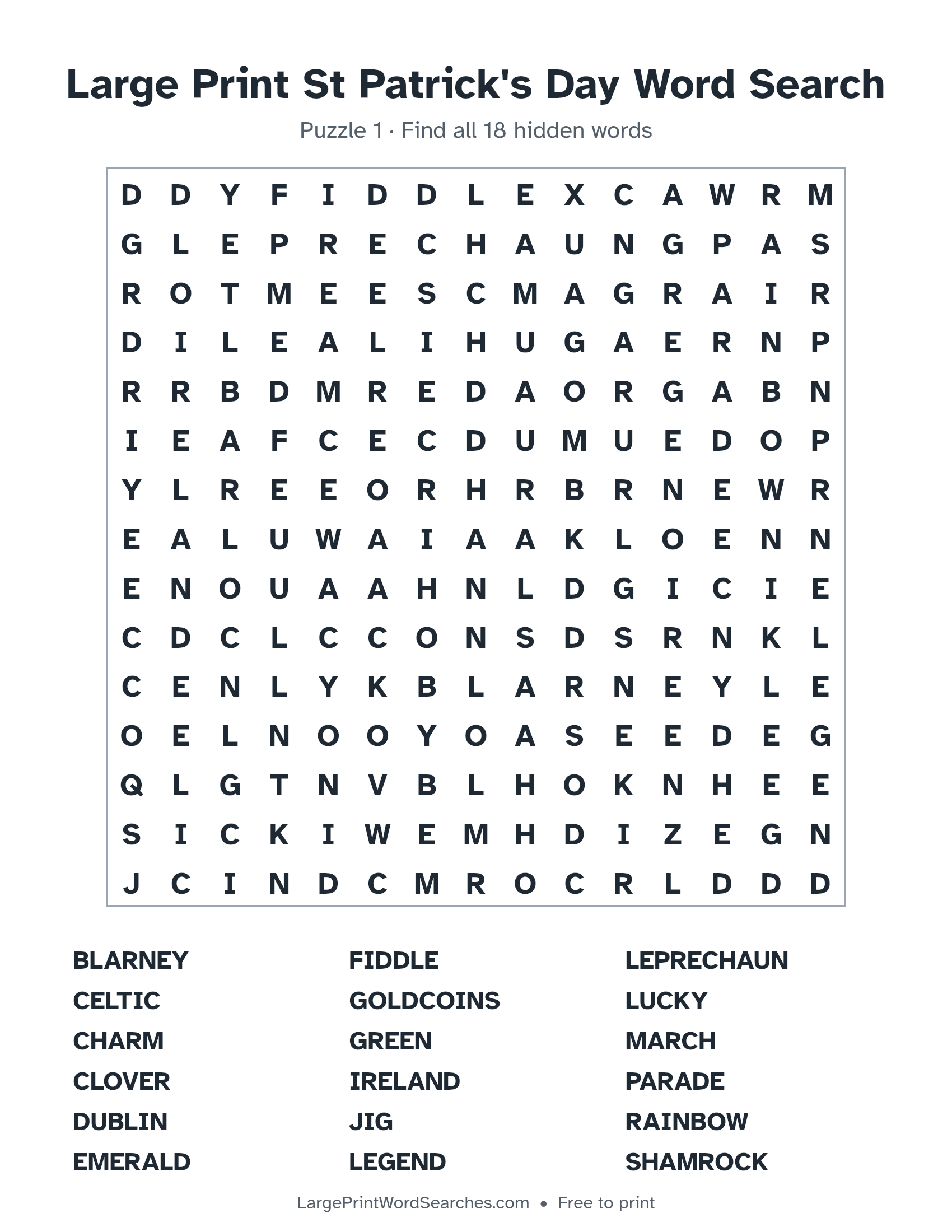 Large Print St Patrick's Day Word Search puzzle 1: a 15 by 15 letter grid with 18 hidden words in large print