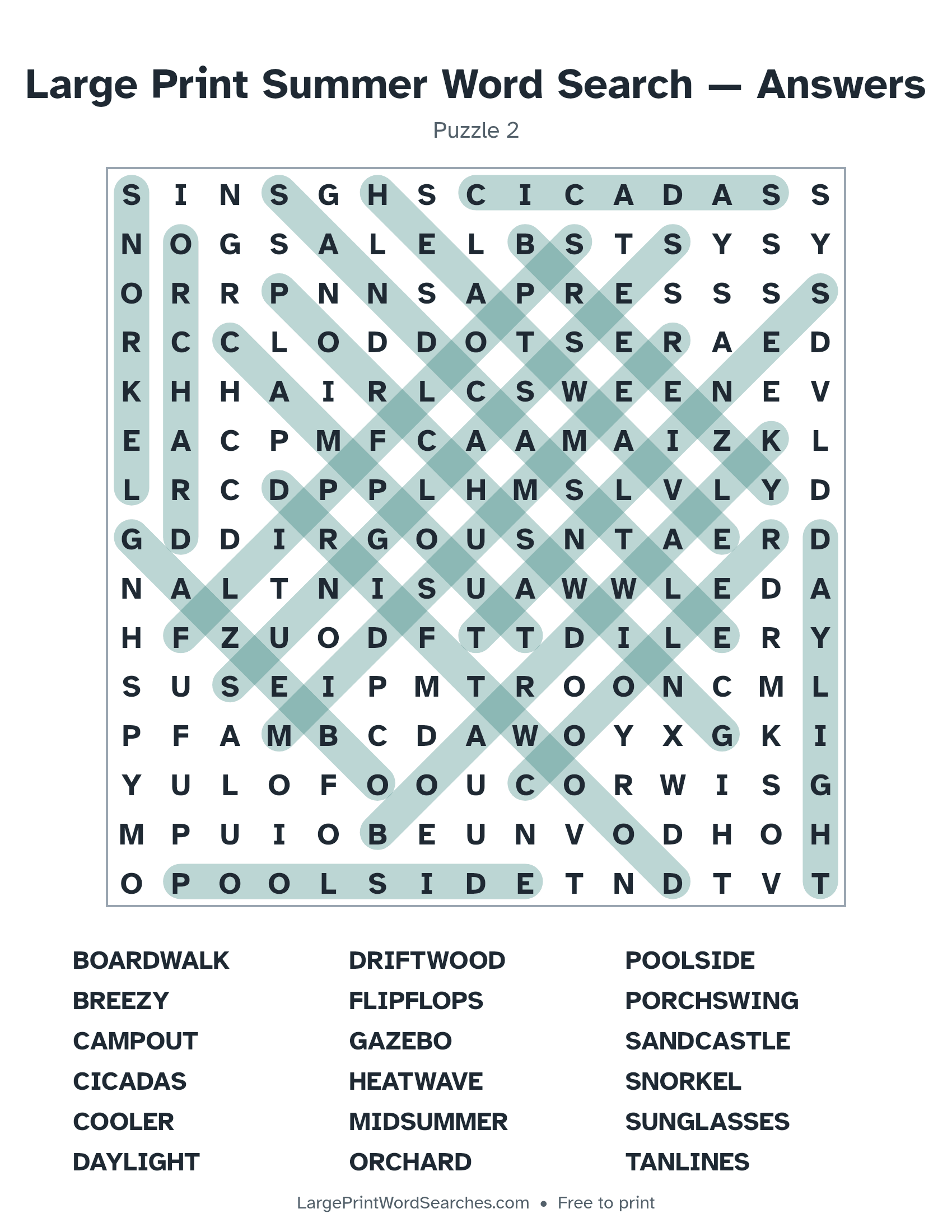 Answer key for large print summer word search puzzle 2 with every hidden word highlighted