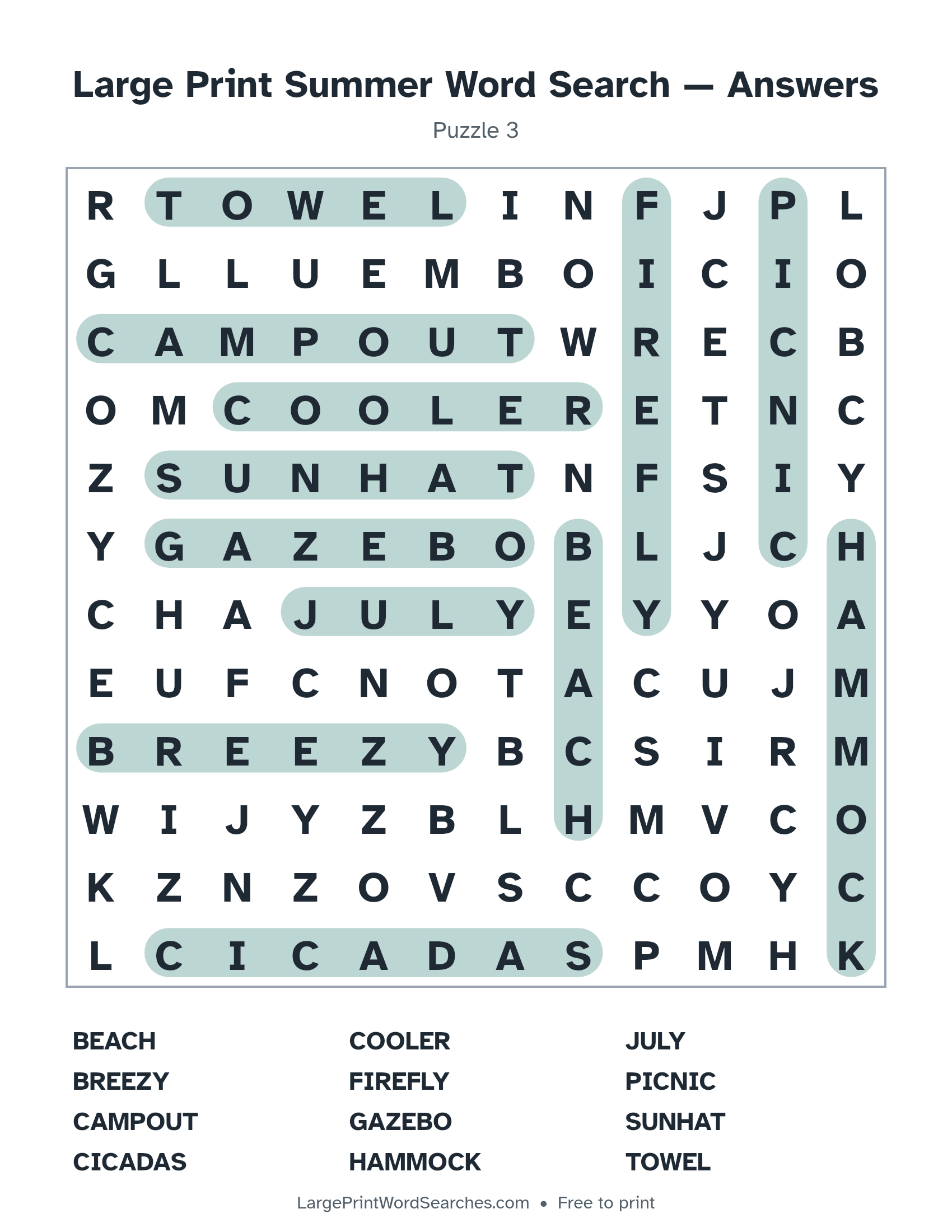 Answer key for large print summer word search puzzle 3 with every hidden word highlighted