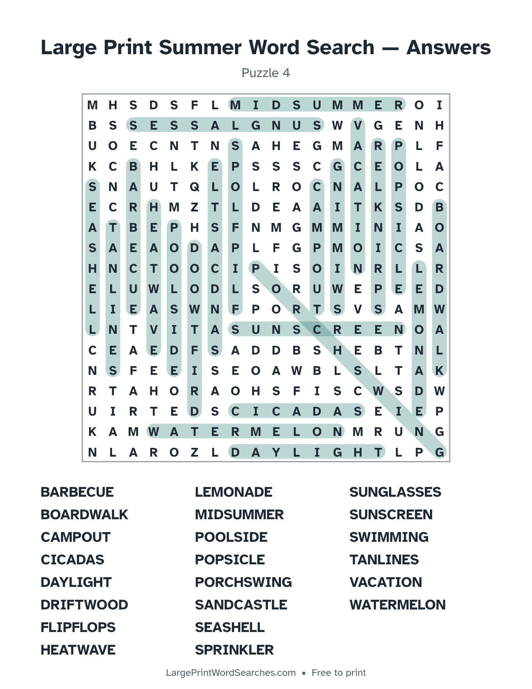 Answer key for large print summer word search puzzle 4 with every hidden word highlighted