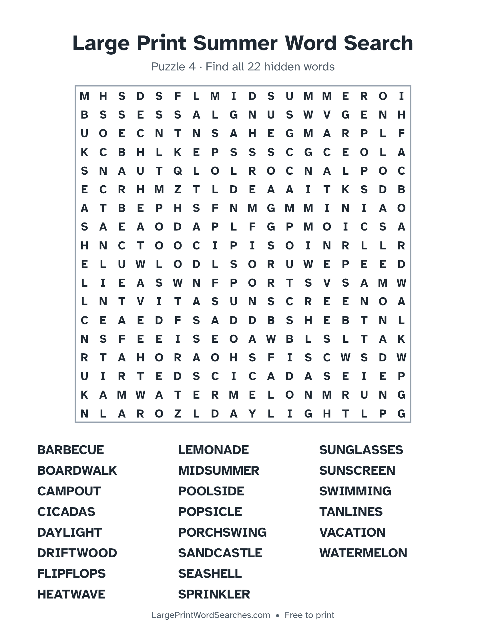 Large Print Summer Word Search puzzle 4: a 18 by 18 letter grid with 22 hidden words in large print