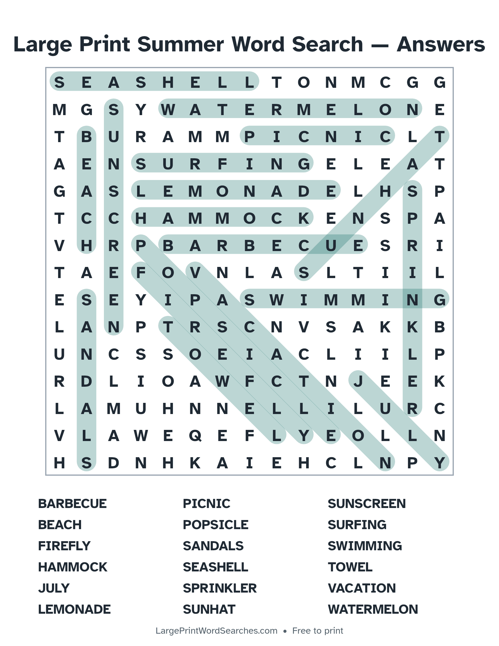 Answer key for large print summer word search puzzle 1 with every hidden word highlighted