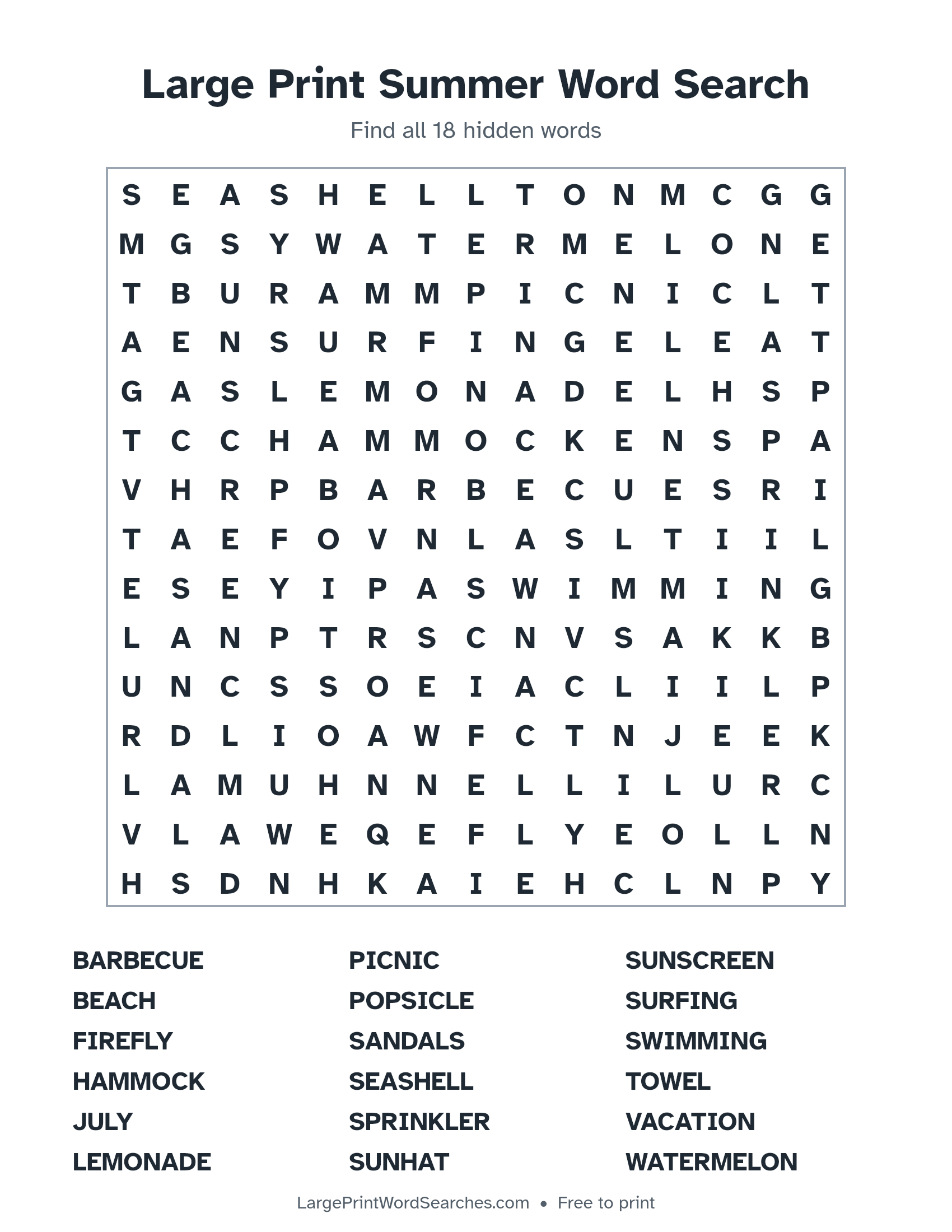 Large Print Summer Word Search puzzle 1: a 15 by 15 letter grid with 18 hidden words in large print