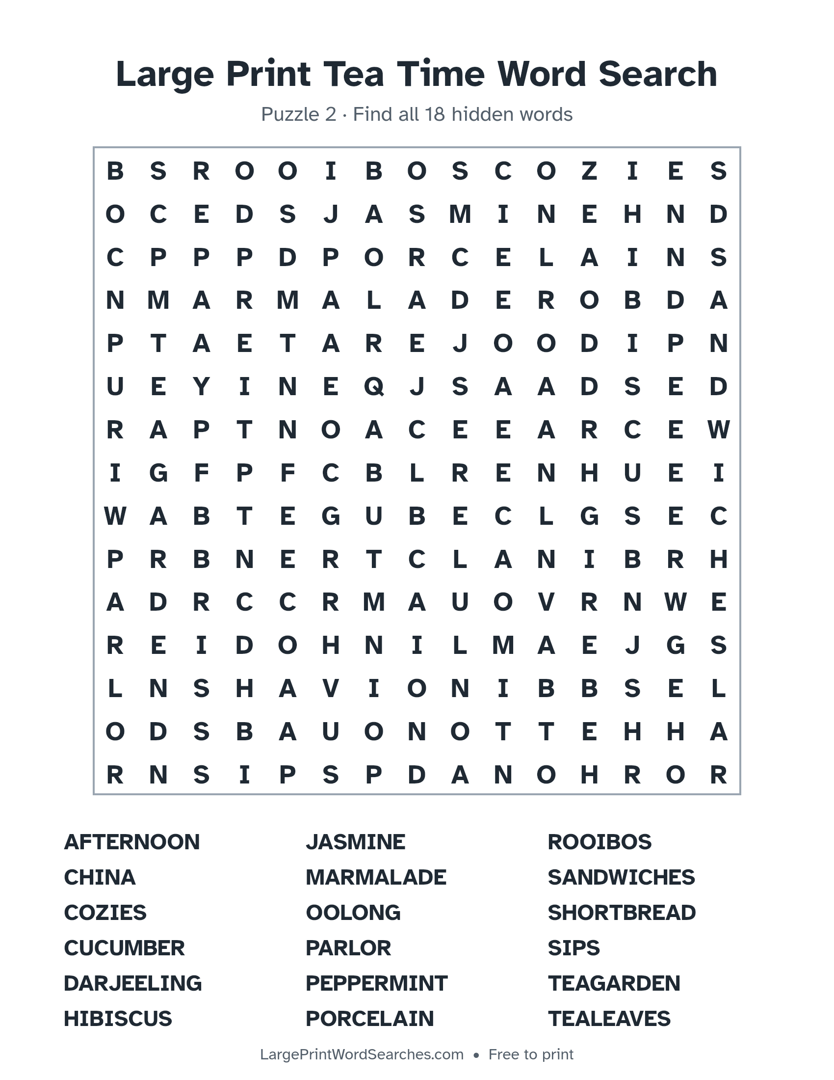 Large Print Tea Time Word Search puzzle 2: a 15 by 15 letter grid with 18 hidden words in large print