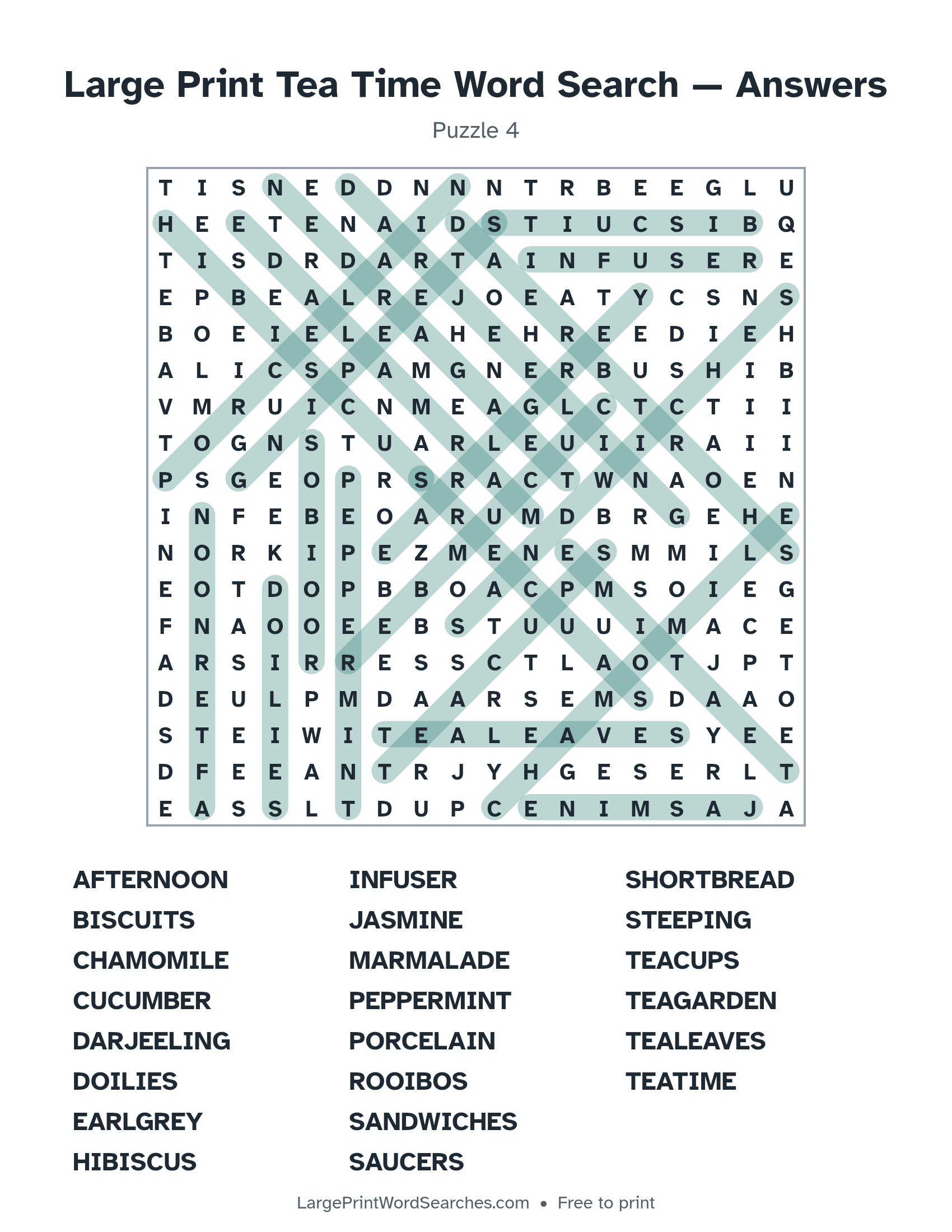 Answer key for large print tea time word search puzzle 4 with every hidden word highlighted