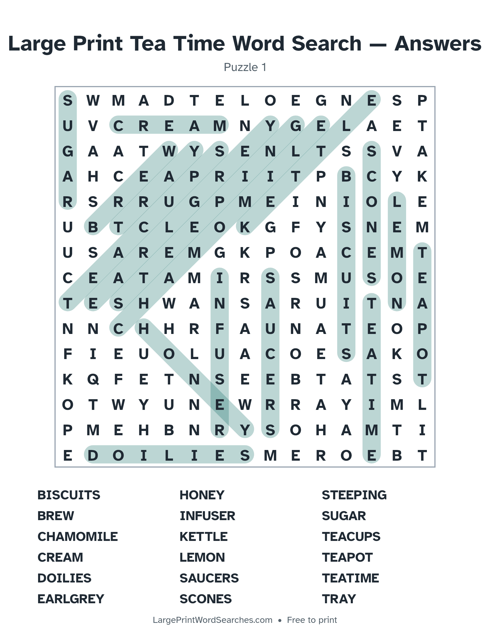 Answer key for large print tea time word search puzzle 1 with every hidden word highlighted
