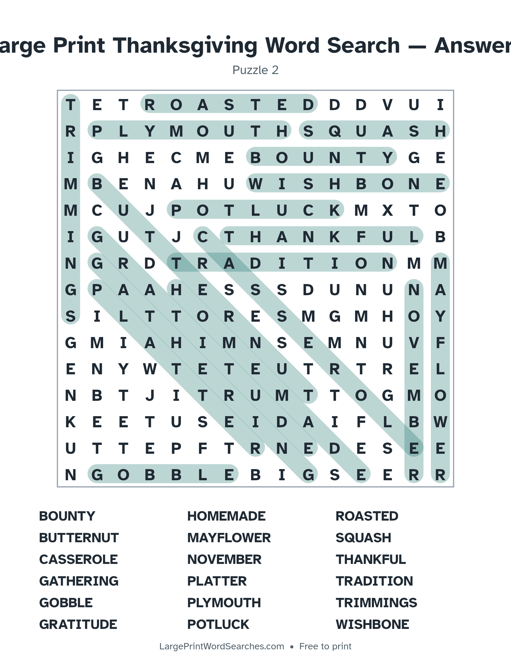 Answer key for large print thanksgiving word search puzzle 2 with every hidden word highlighted