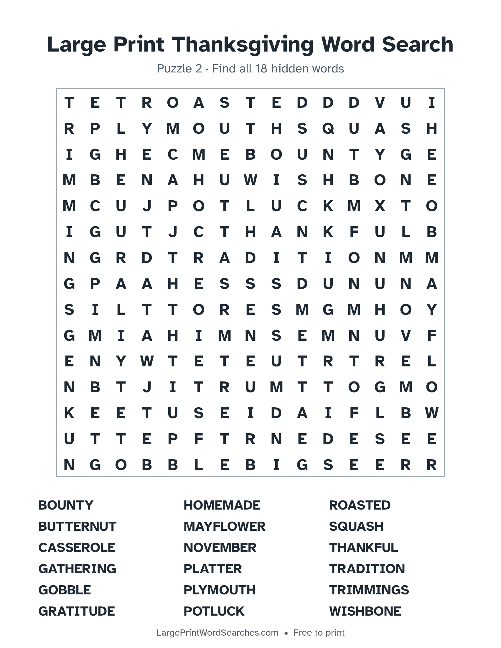 Large Print Thanksgiving Word Search puzzle 2: a 15 by 15 letter grid with 18 hidden words in large print