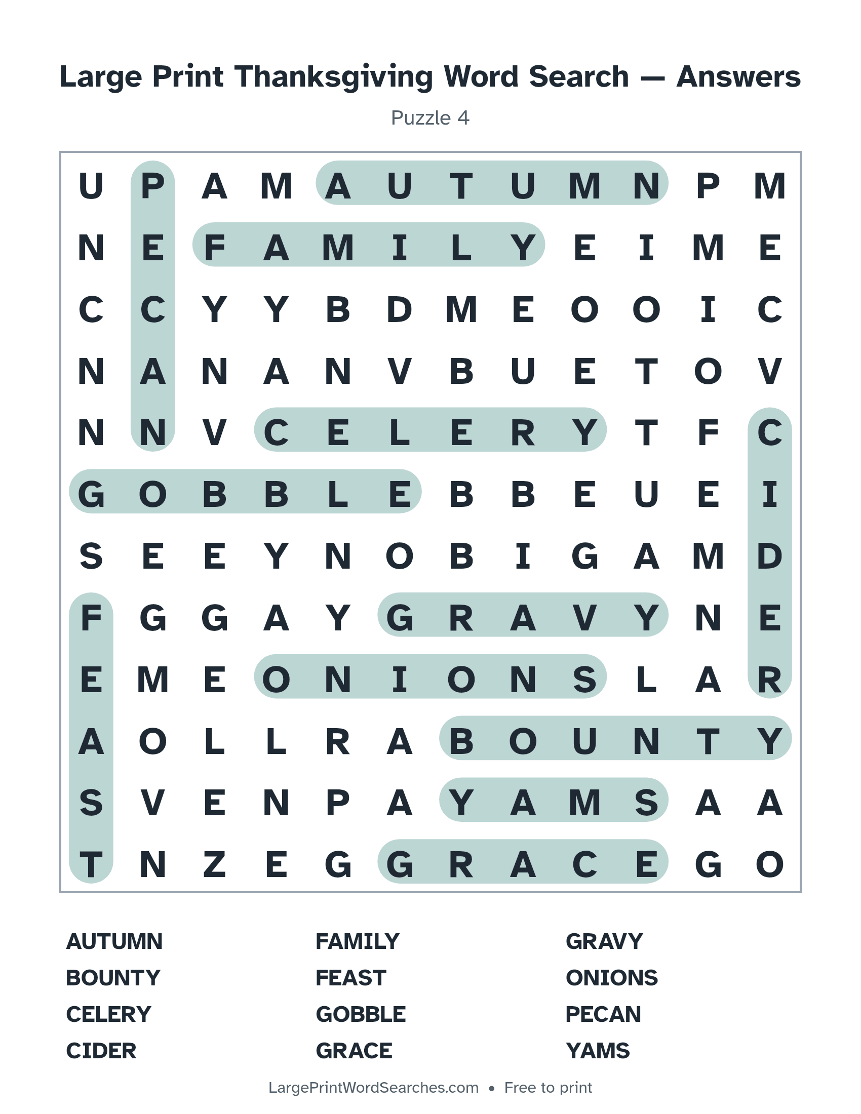 Answer key for large print thanksgiving word search puzzle 4 with every hidden word highlighted
