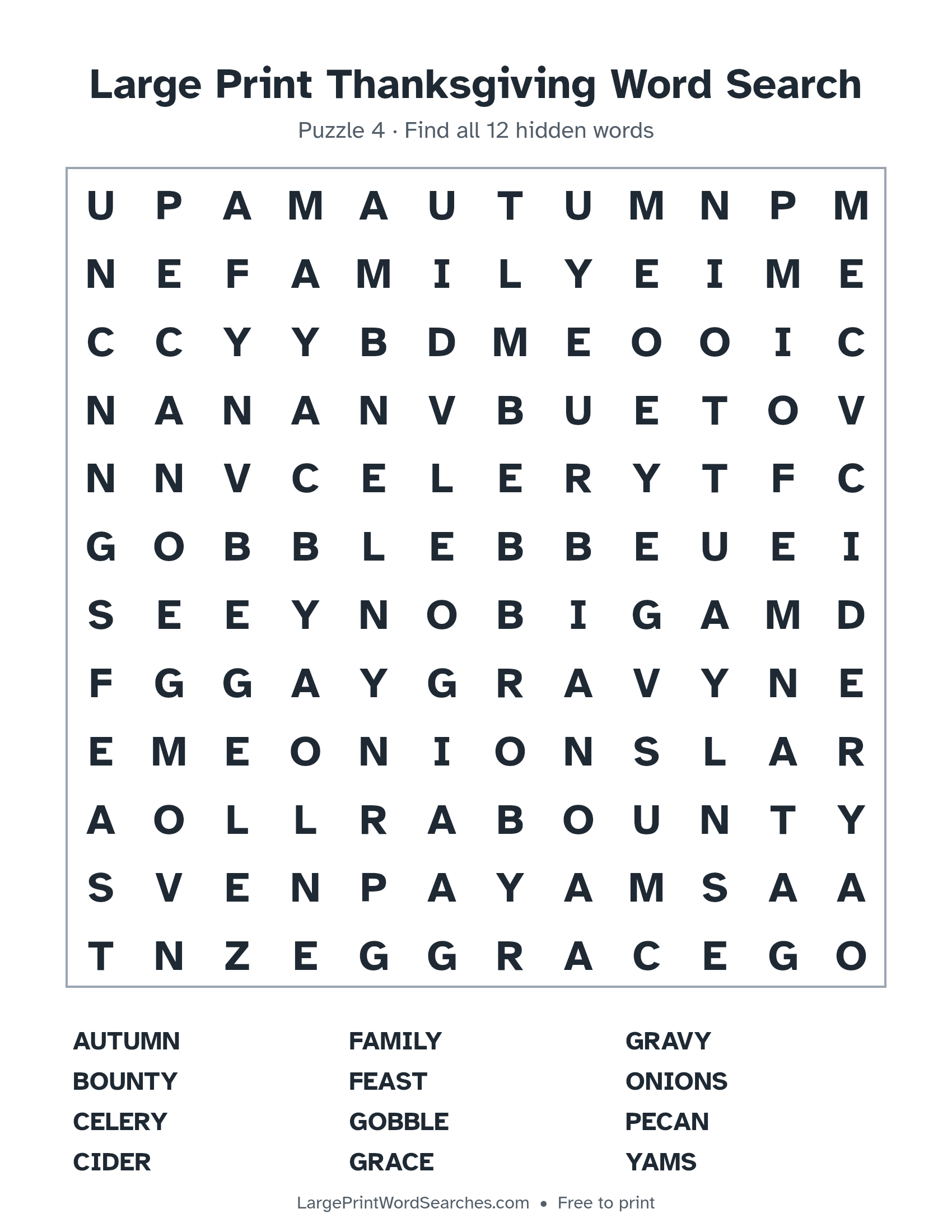 Large Print Thanksgiving Word Search puzzle 4: a 12 by 12 letter grid with 12 hidden words in large print