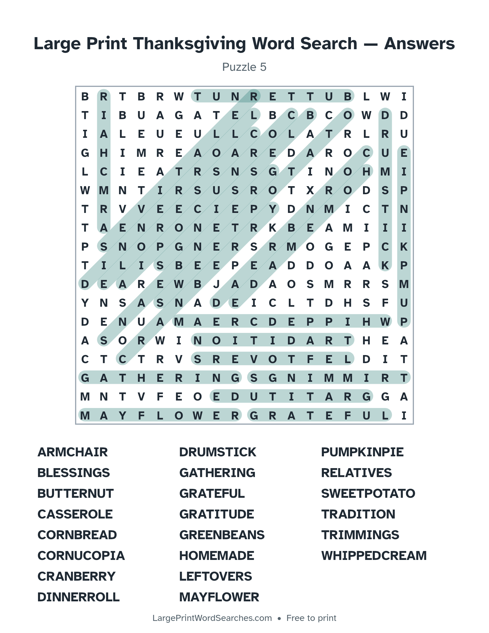Answer key for large print thanksgiving word search puzzle 5 with every hidden word highlighted