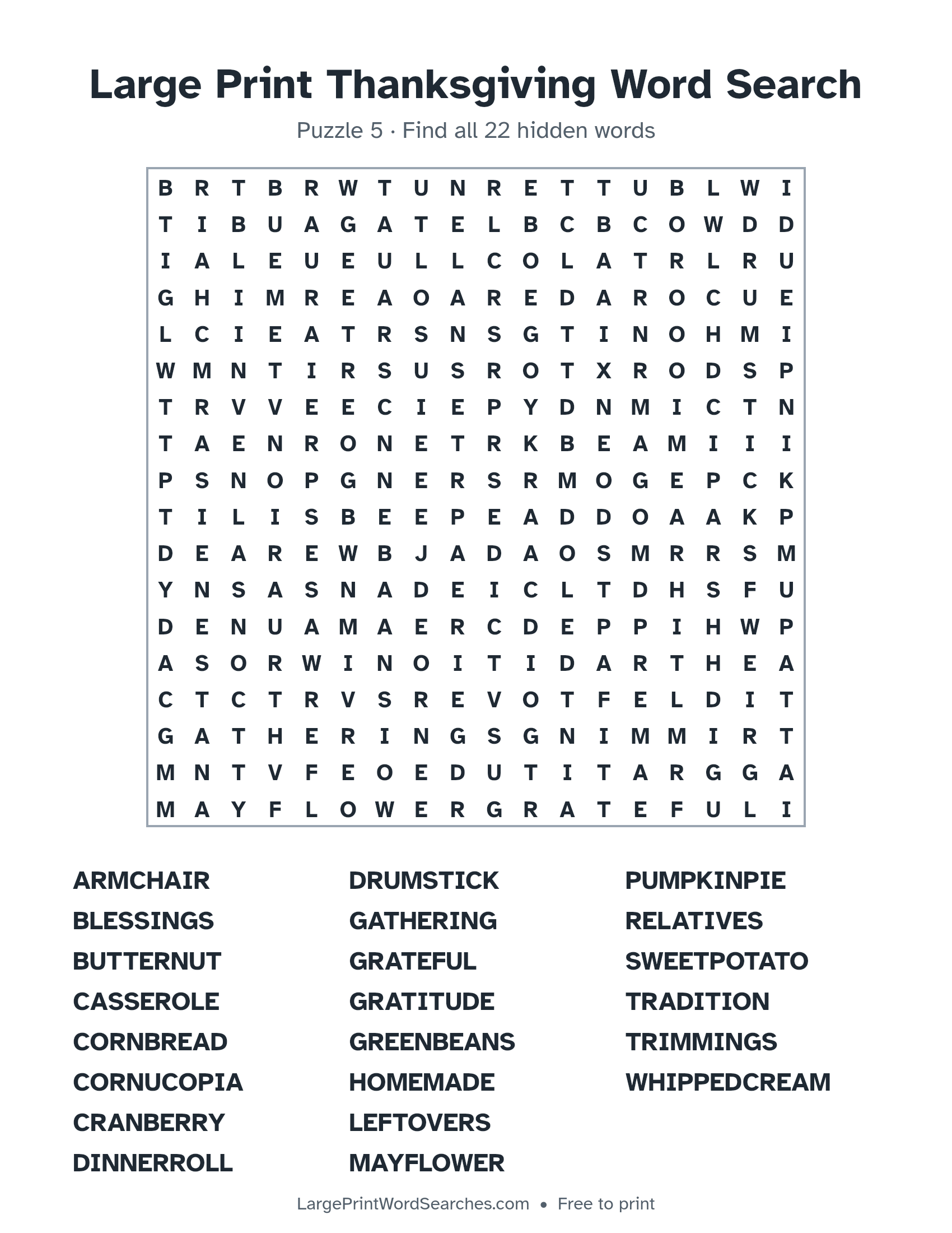Large Print Thanksgiving Word Search puzzle 5: a 18 by 18 letter grid with 22 hidden words in large print