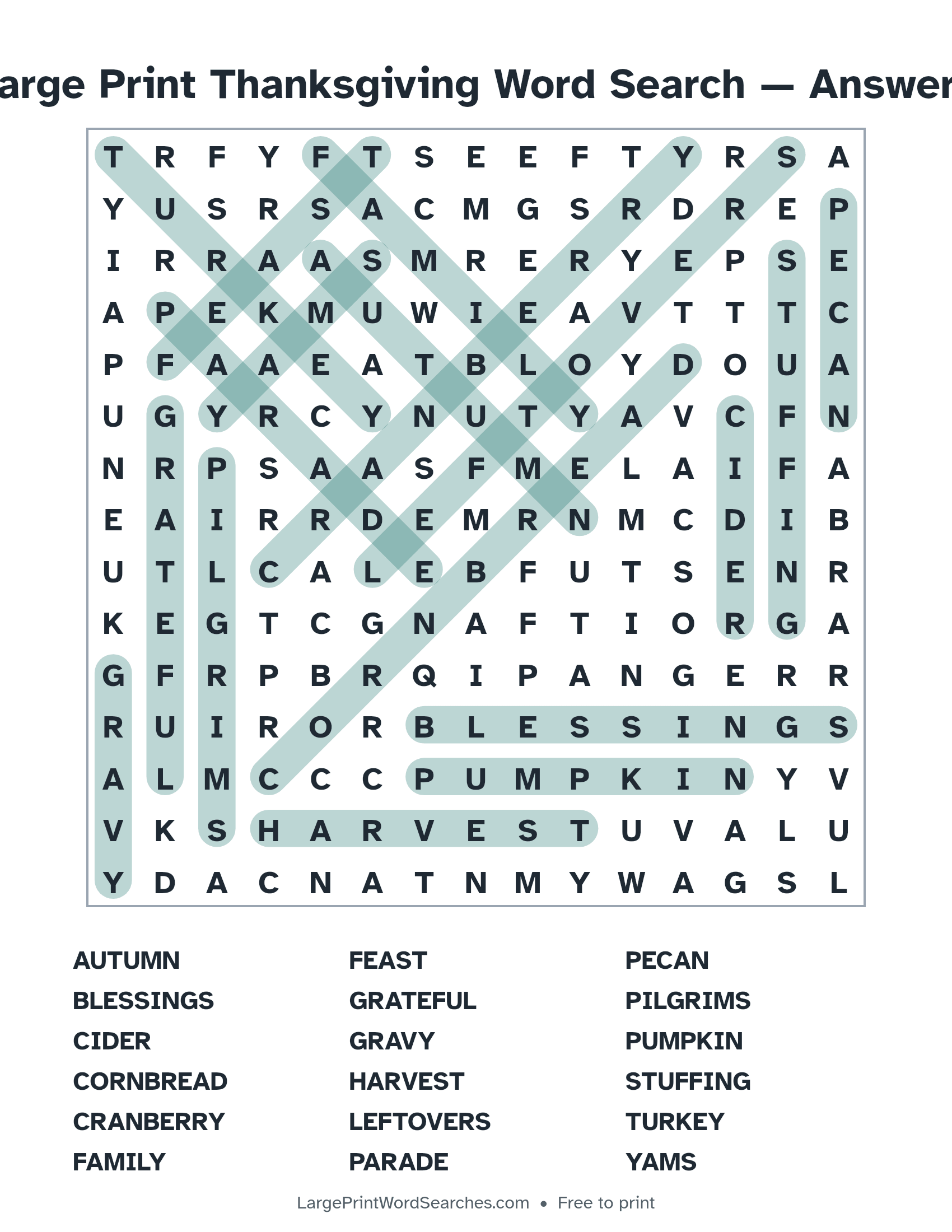 Answer key for large print thanksgiving word search puzzle 1 with every hidden word highlighted