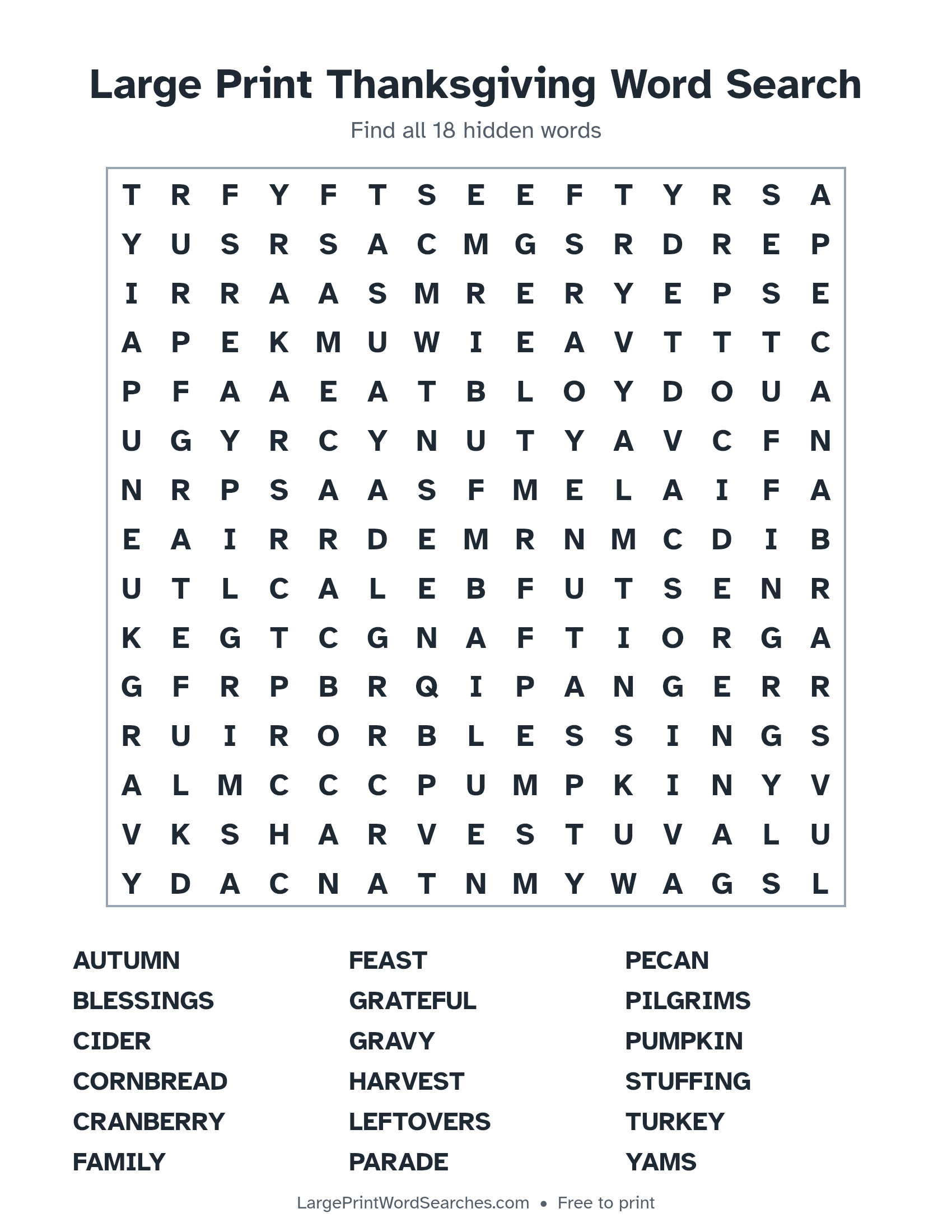 Large Print Thanksgiving Word Search puzzle 1: a 15 by 15 letter grid with 18 hidden words in large print