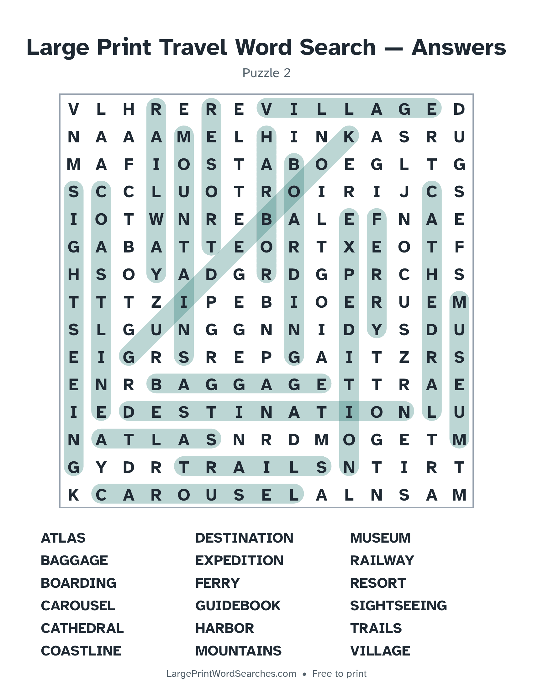 Answer key for large print travel word search puzzle 2 with every hidden word highlighted
