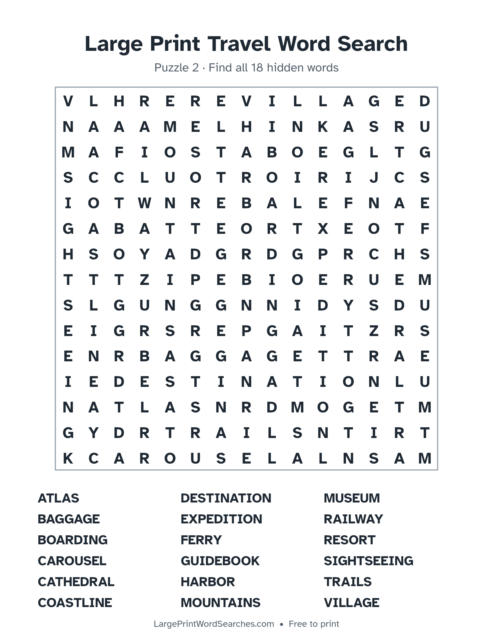 Large Print Travel Word Search puzzle 2: a 15 by 15 letter grid with 18 hidden words in large print