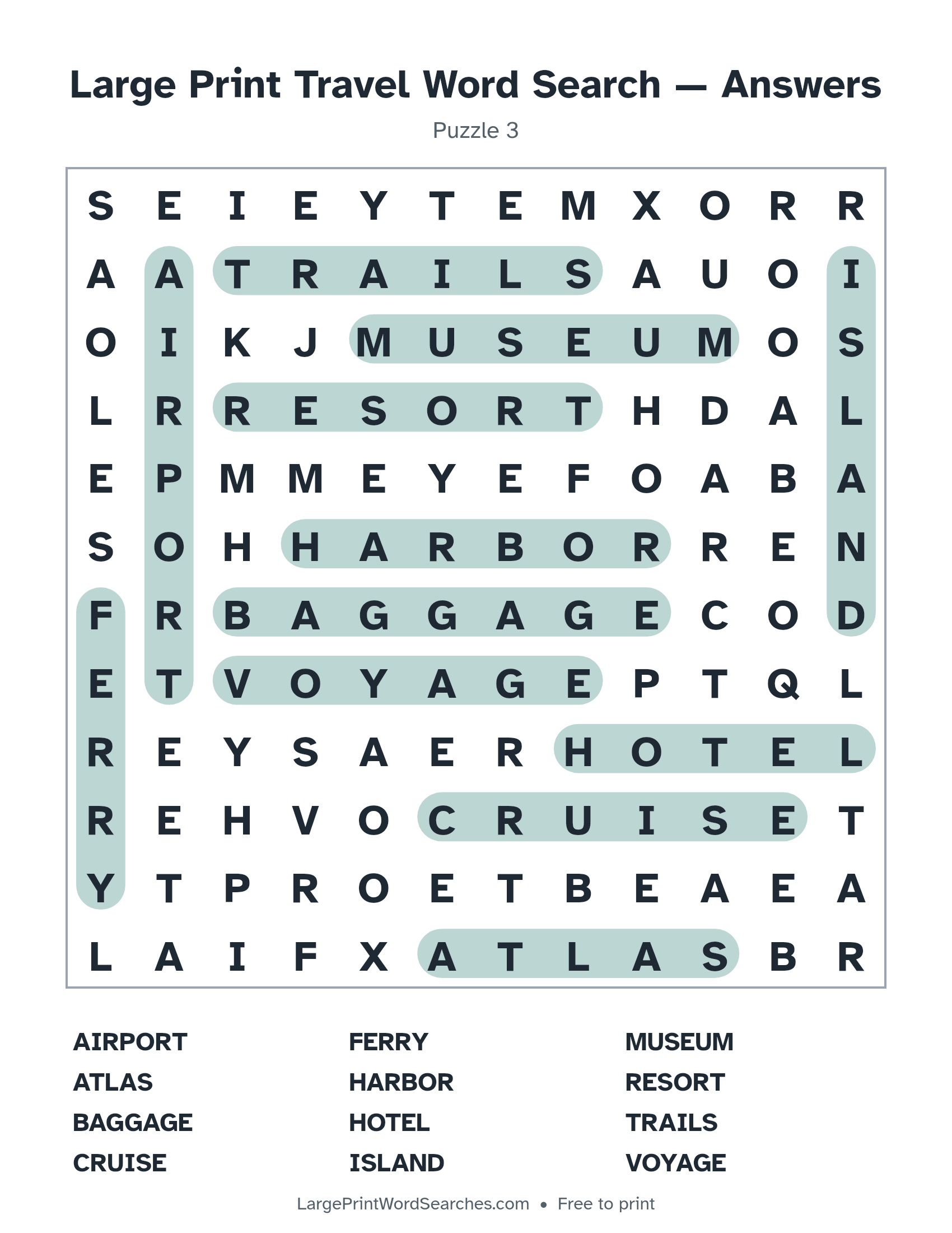 Answer key for large print travel word search puzzle 3 with every hidden word highlighted
