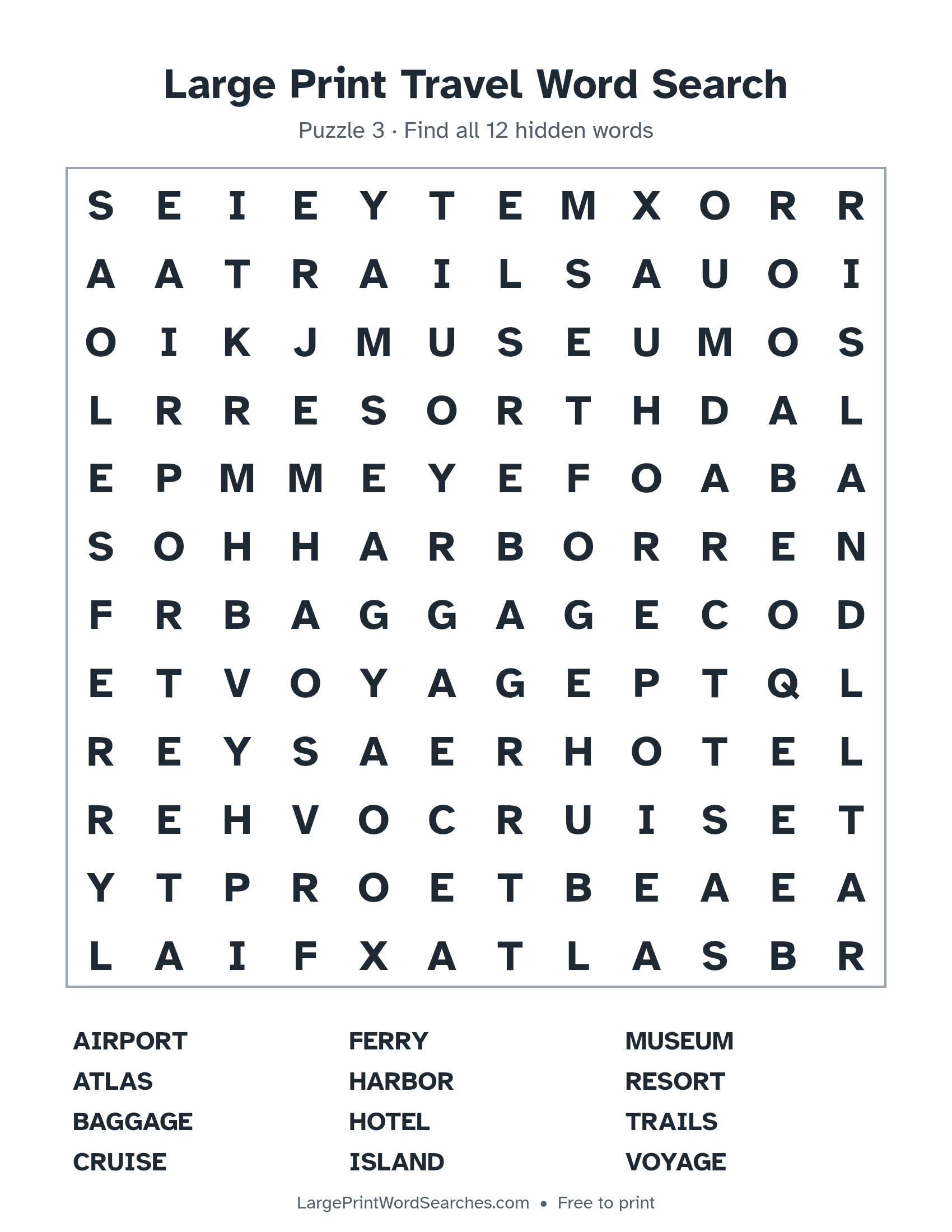 Large Print Travel Word Search puzzle 3: a 12 by 12 letter grid with 12 hidden words in large print