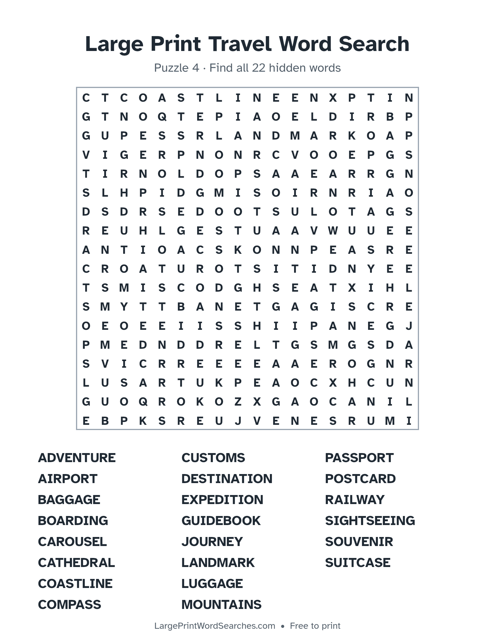 Large Print Travel Word Search puzzle 4: a 18 by 18 letter grid with 22 hidden words in large print