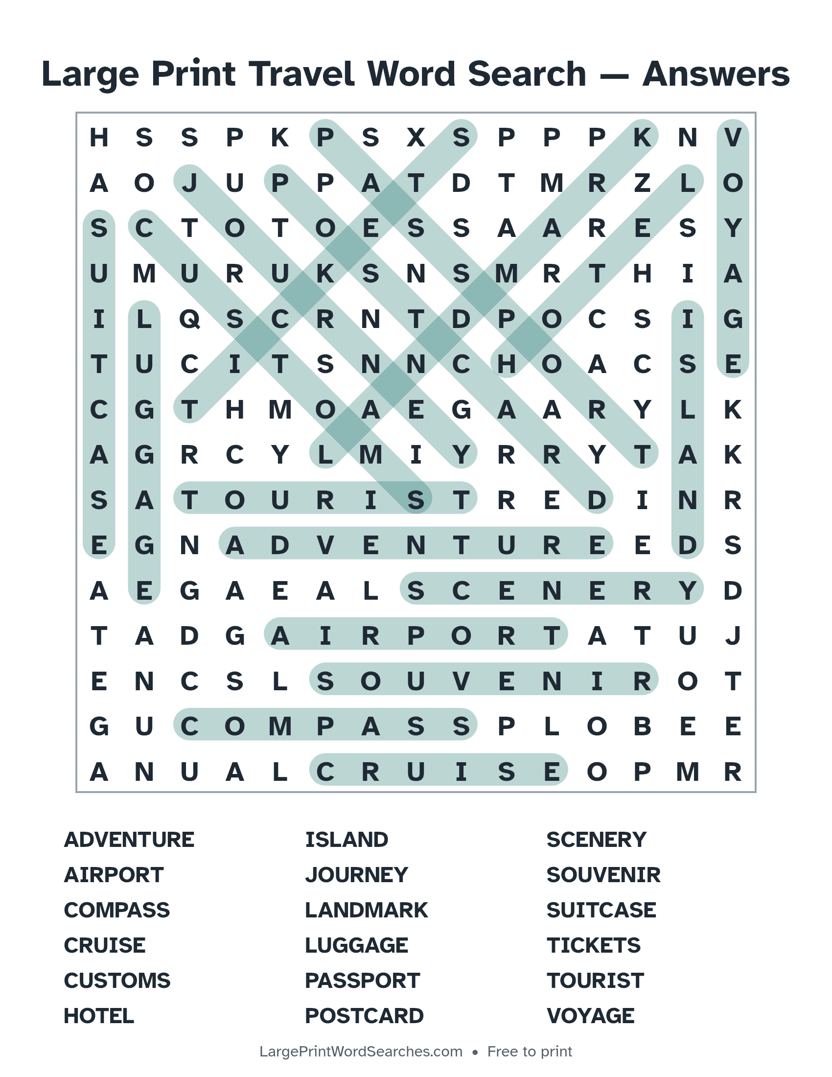Answer key for large print travel word search puzzle 1 with every hidden word highlighted