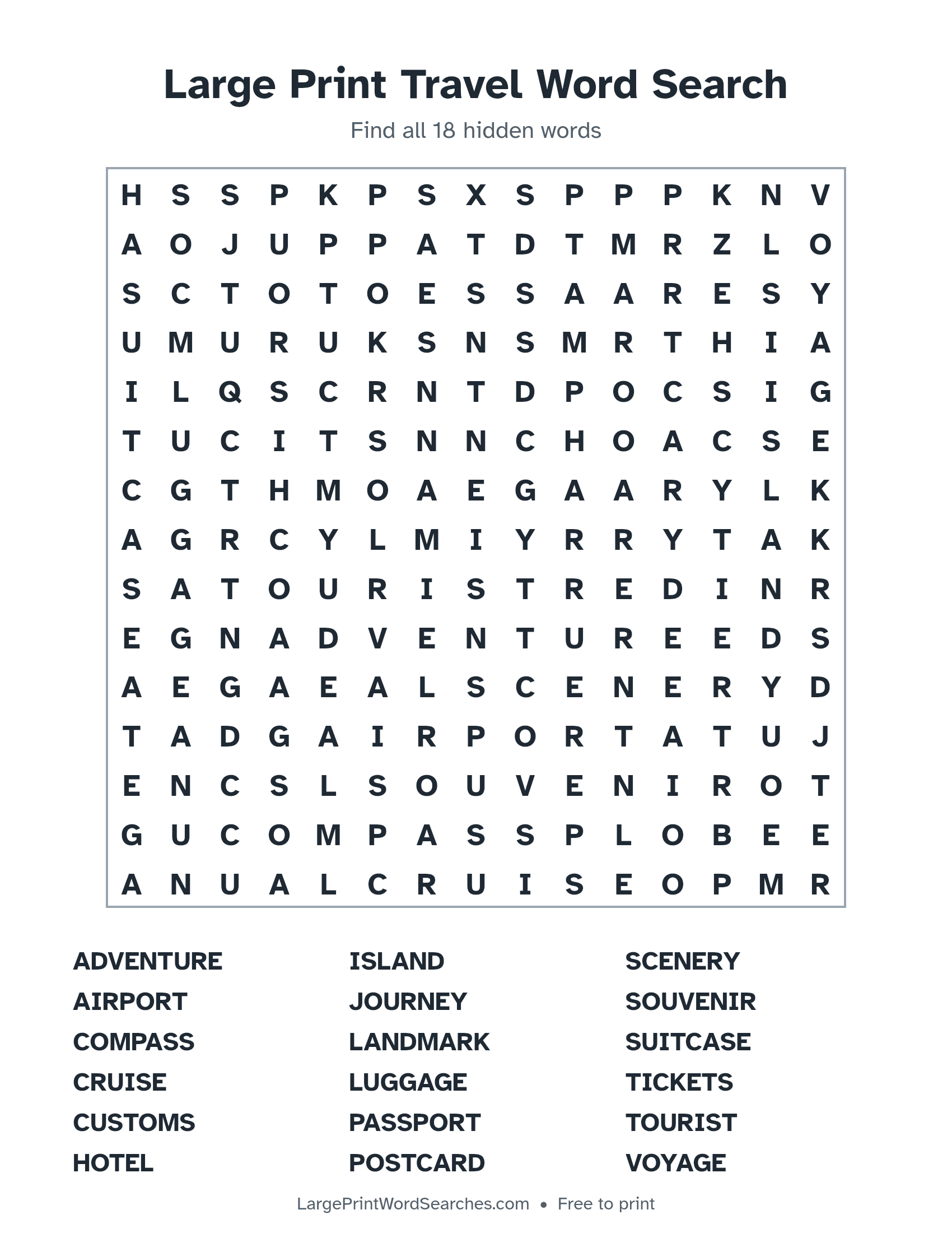 Large Print Travel Word Search puzzle 1: a 15 by 15 letter grid with 18 hidden words in large print