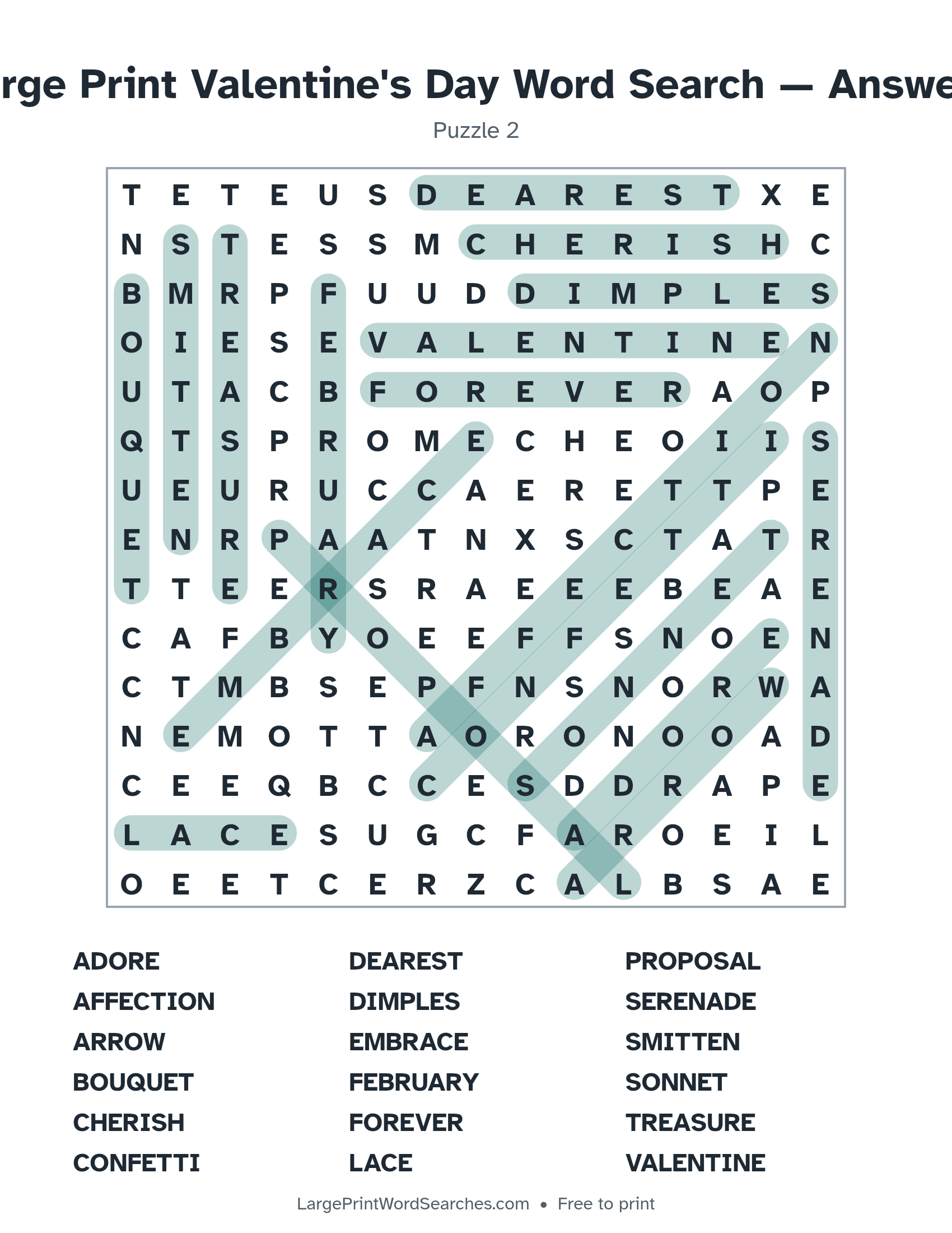 Answer key for large print valentine's day word search puzzle 2 with every hidden word highlighted
