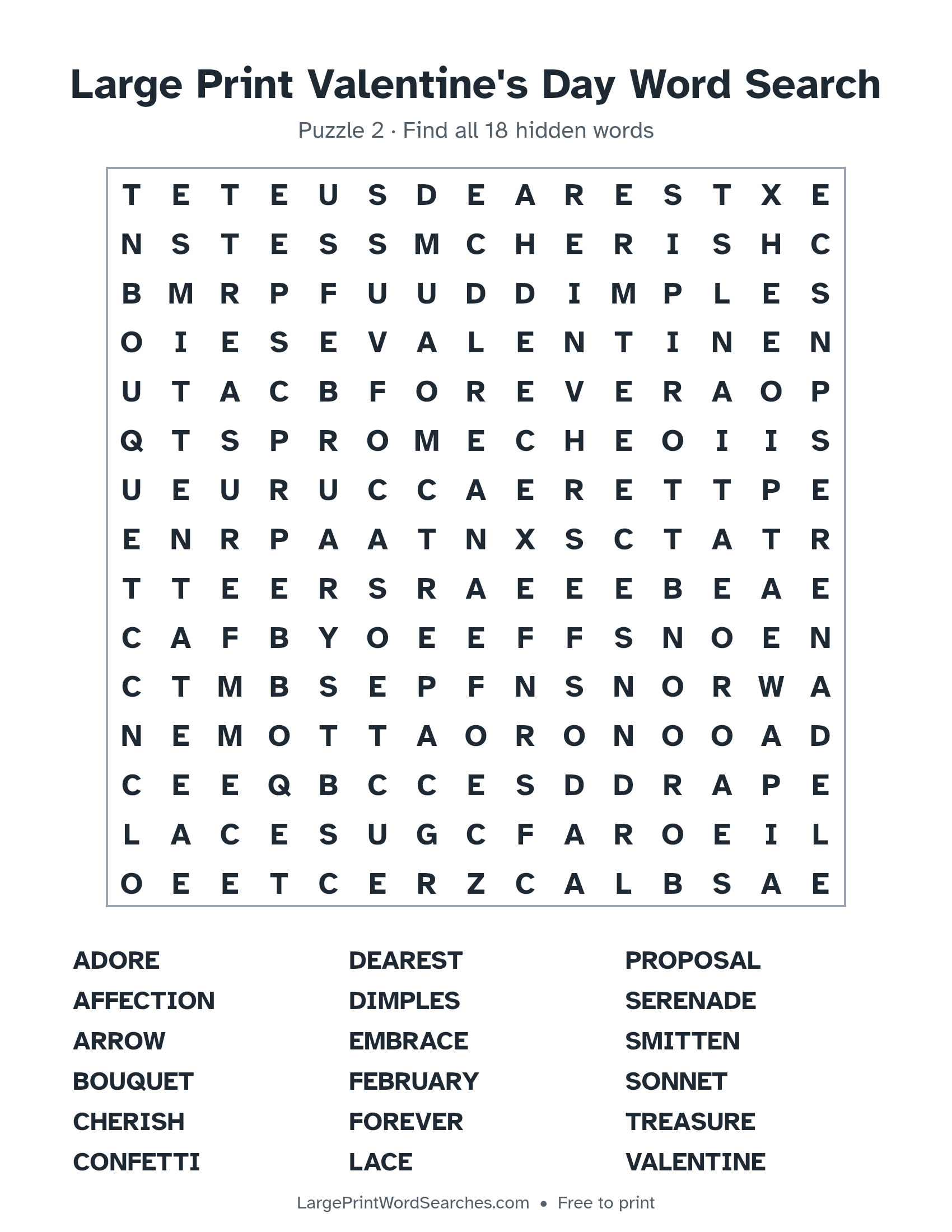Large Print Valentine's Day Word Search puzzle 2: a 15 by 15 letter grid with 18 hidden words in large print
