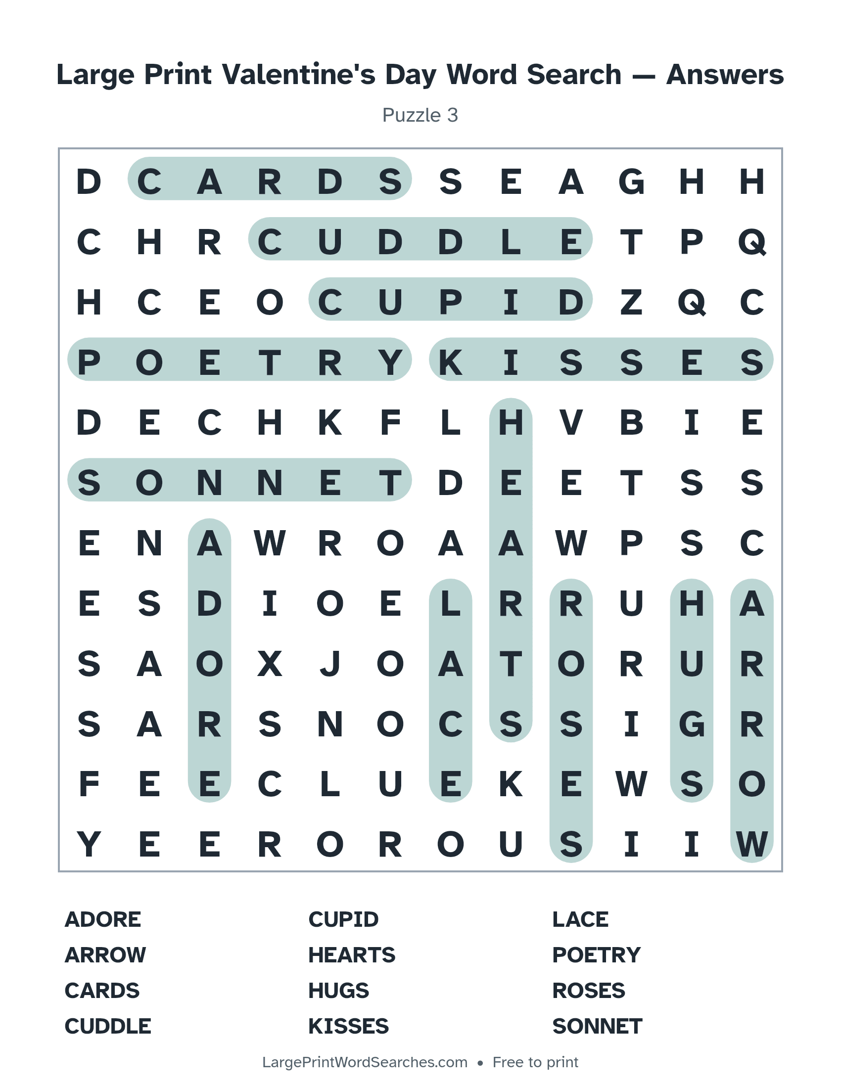 Answer key for large print valentine's day word search puzzle 3 with every hidden word highlighted