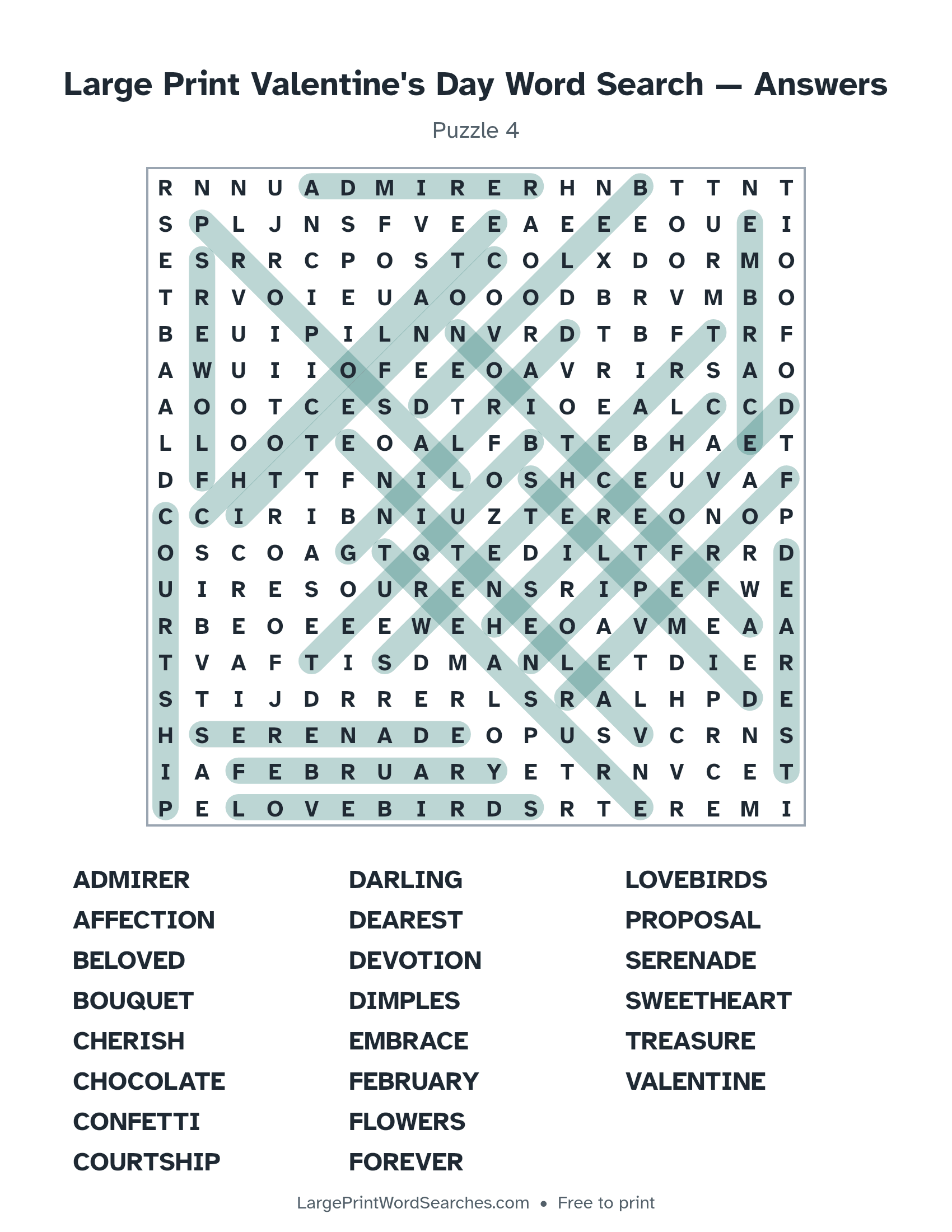Answer key for large print valentine's day word search puzzle 4 with every hidden word highlighted