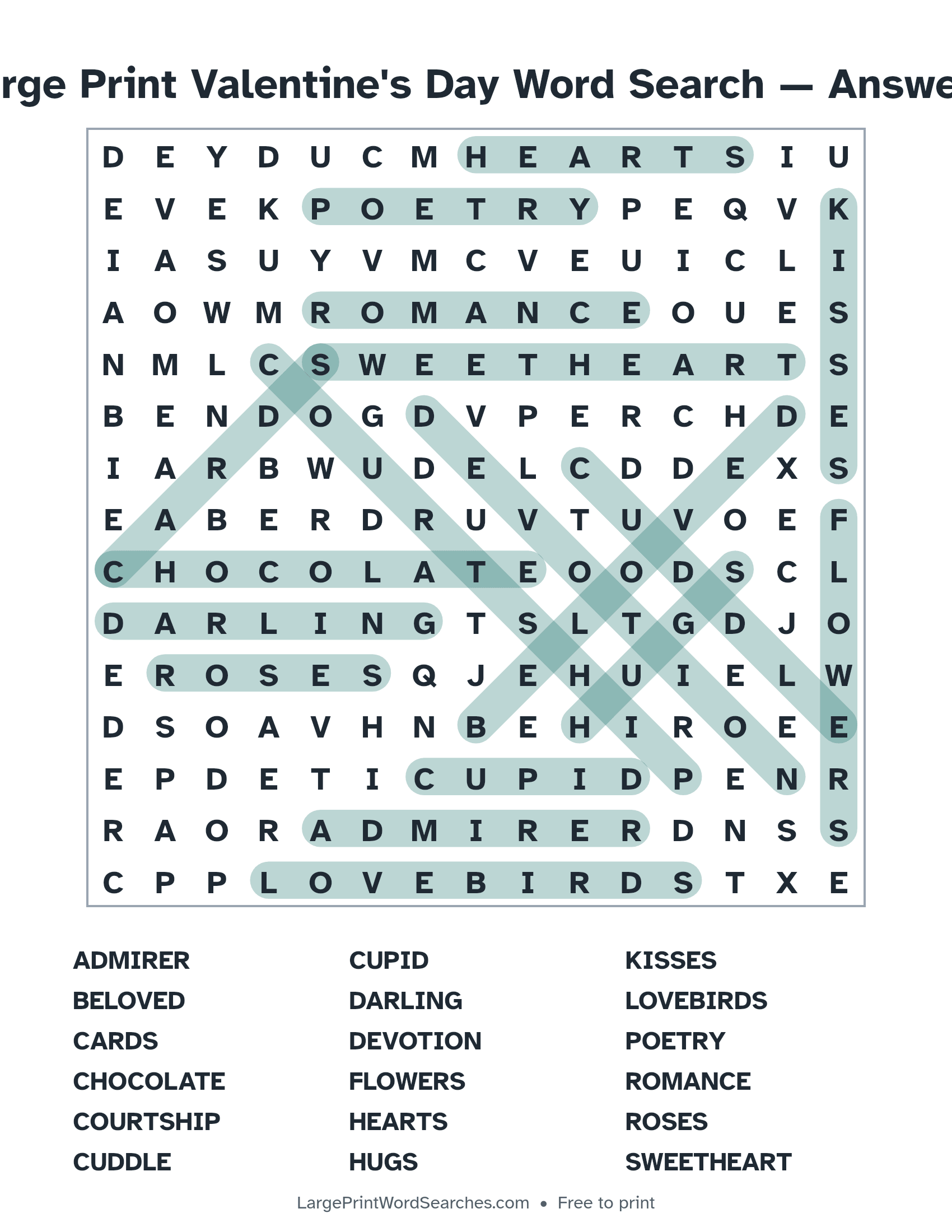 Answer key for large print valentine's day word search puzzle 1 with every hidden word highlighted