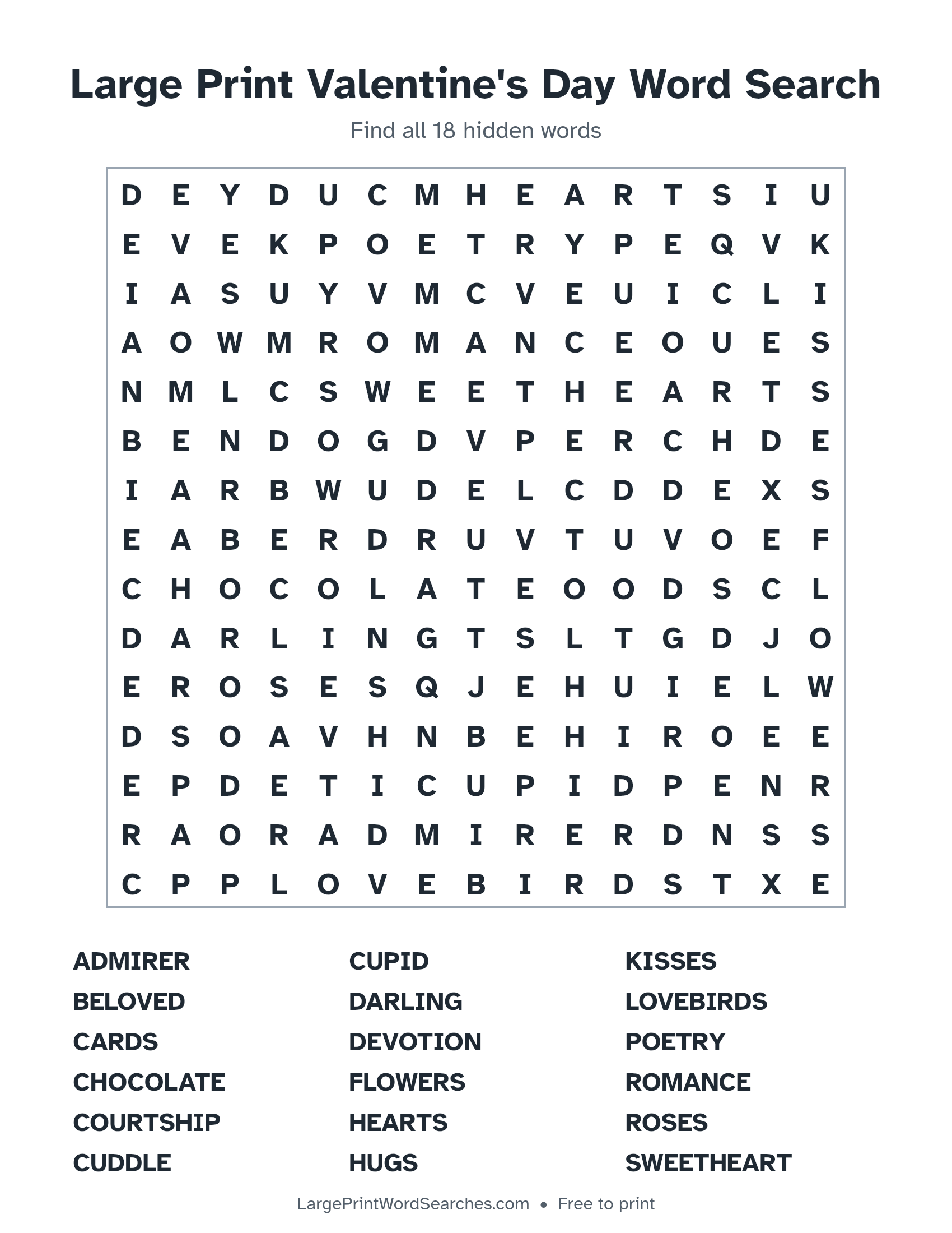 Large Print Valentine's Day Word Search puzzle 1: a 15 by 15 letter grid with 18 hidden words in large print