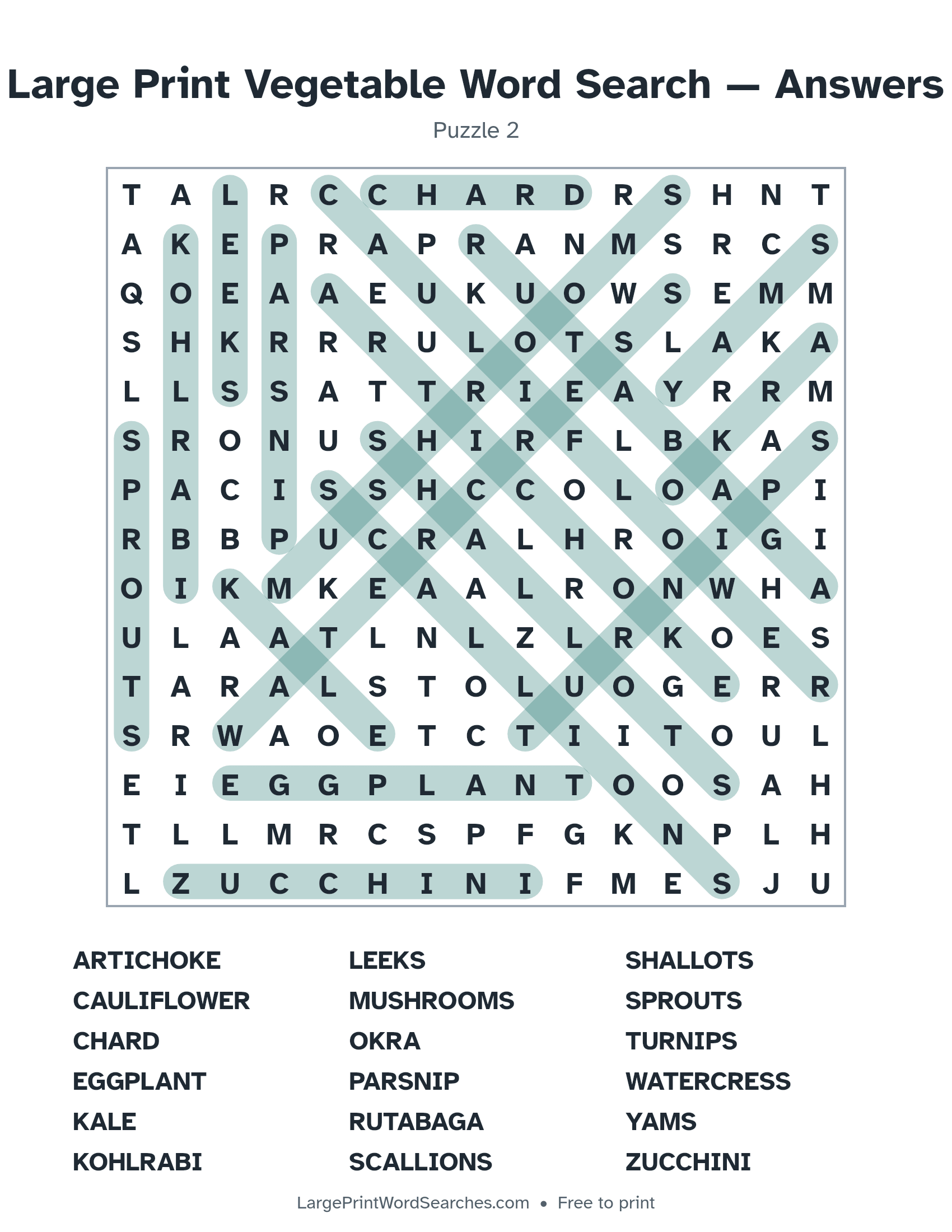 Answer key for large print vegetable word search puzzle 2 with every hidden word highlighted