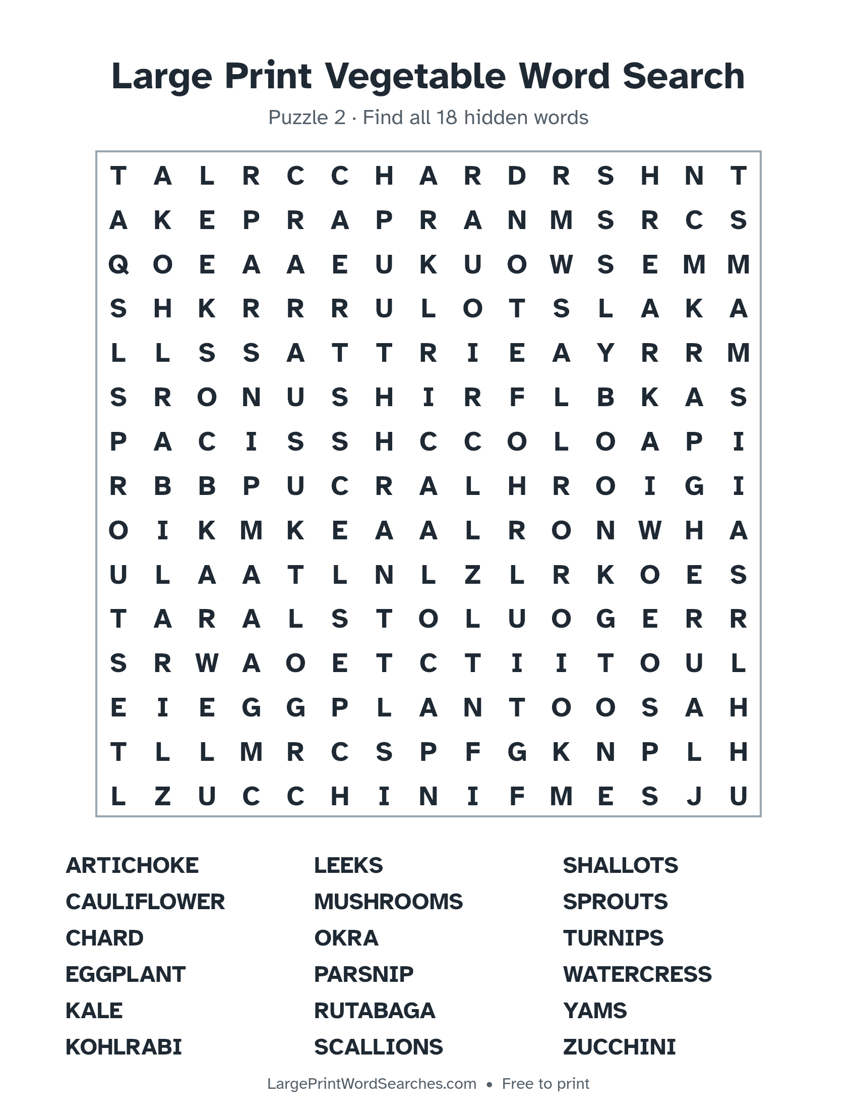 Large Print Vegetable Word Search puzzle 2: a 15 by 15 letter grid with 18 hidden words in large print
