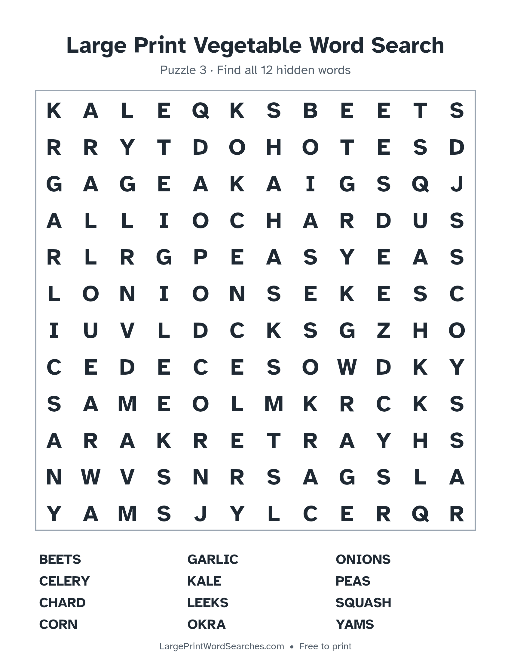 Large Print Vegetable Word Search puzzle 3: a 12 by 12 letter grid with 12 hidden words in large print