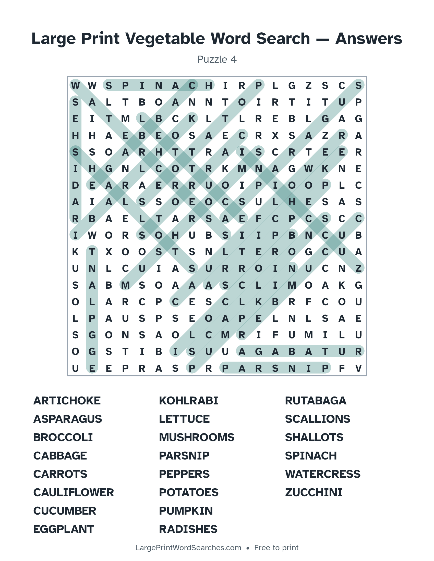 Answer key for large print vegetable word search puzzle 4 with every hidden word highlighted