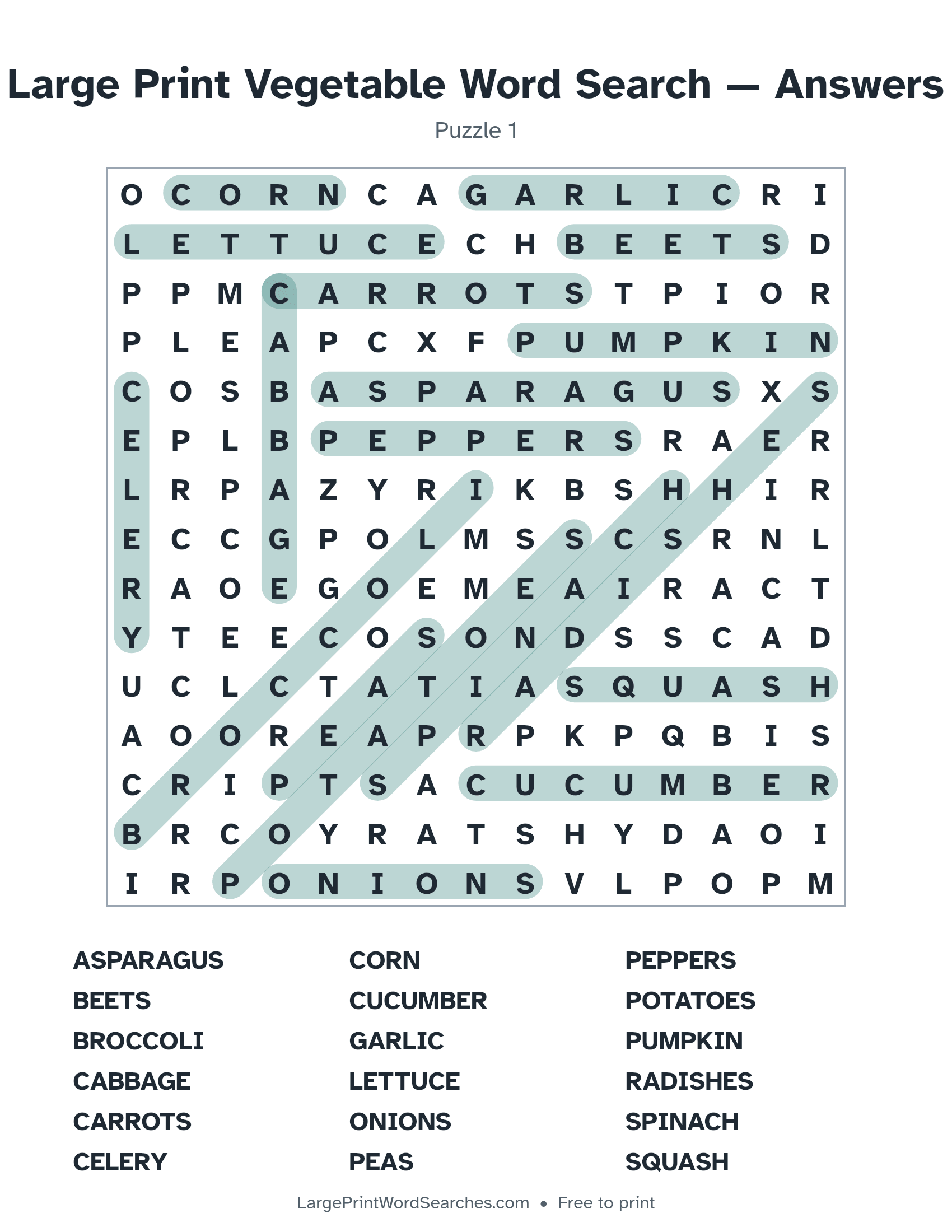 Answer key for large print vegetable word search puzzle 1 with every hidden word highlighted