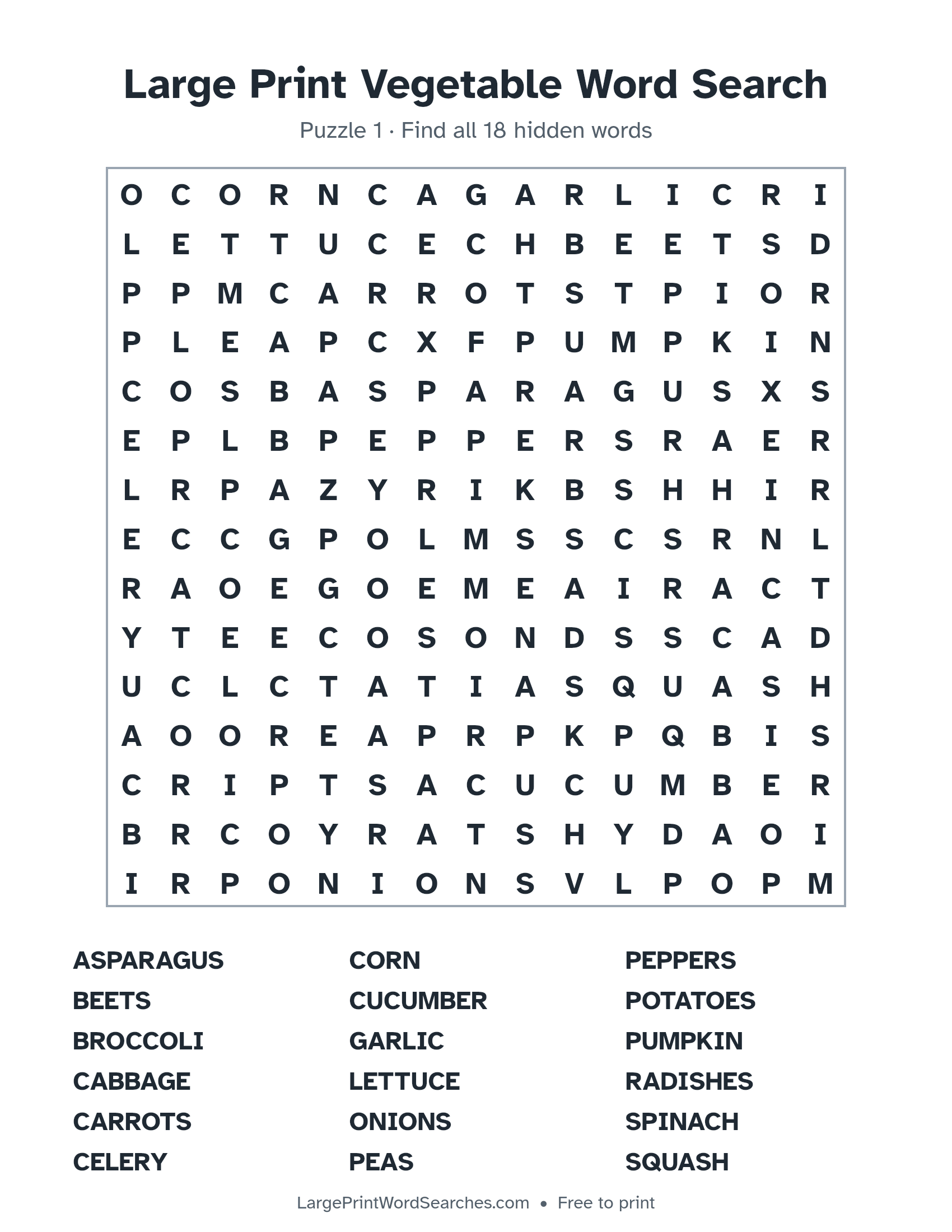 Large Print Vegetable Word Search puzzle 1: a 15 by 15 letter grid with 18 hidden words in large print