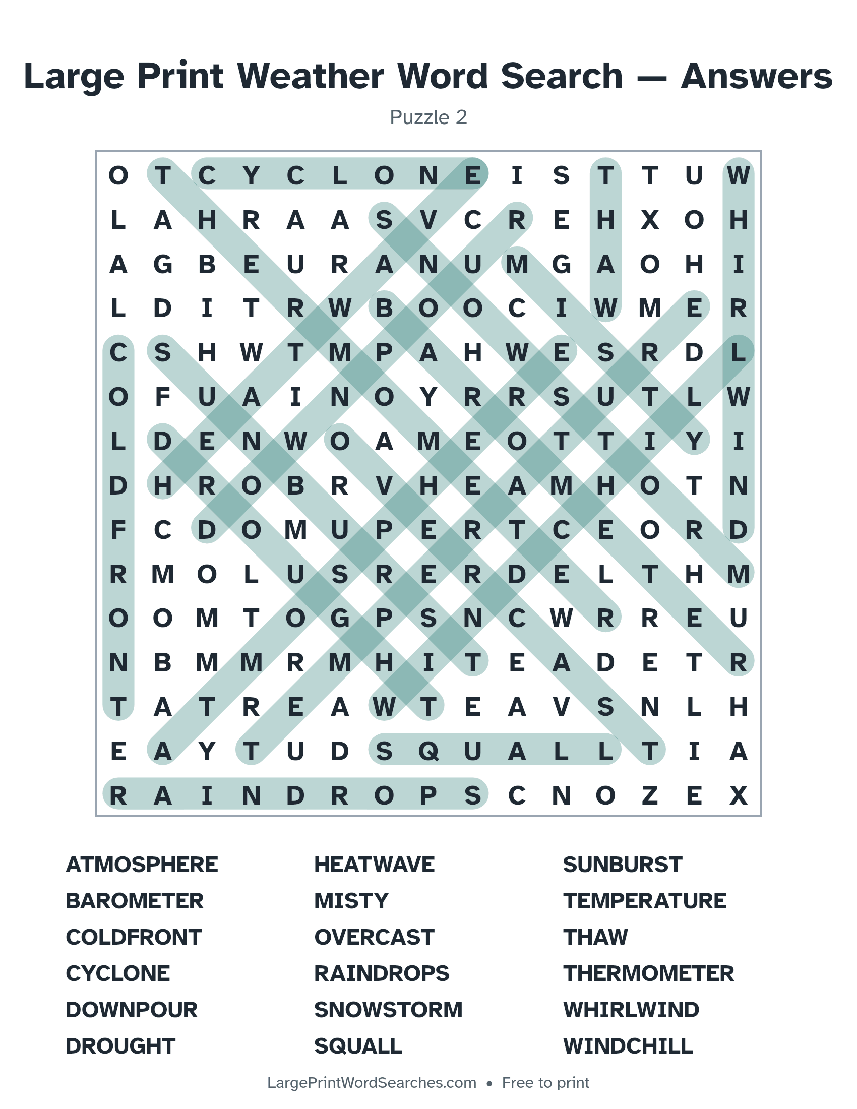 Answer key for large print weather word search puzzle 2 with every hidden word highlighted