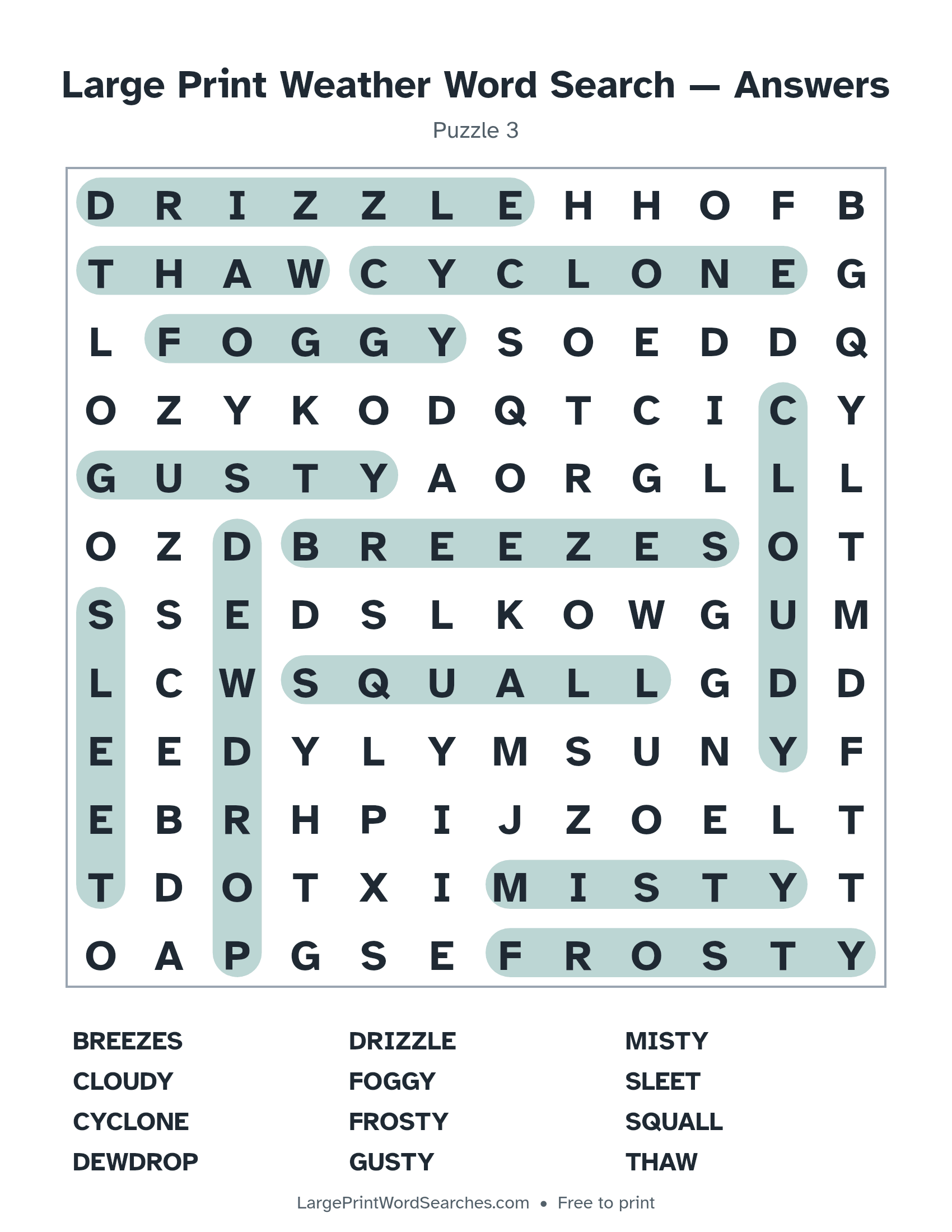 Answer key for large print weather word search puzzle 3 with every hidden word highlighted