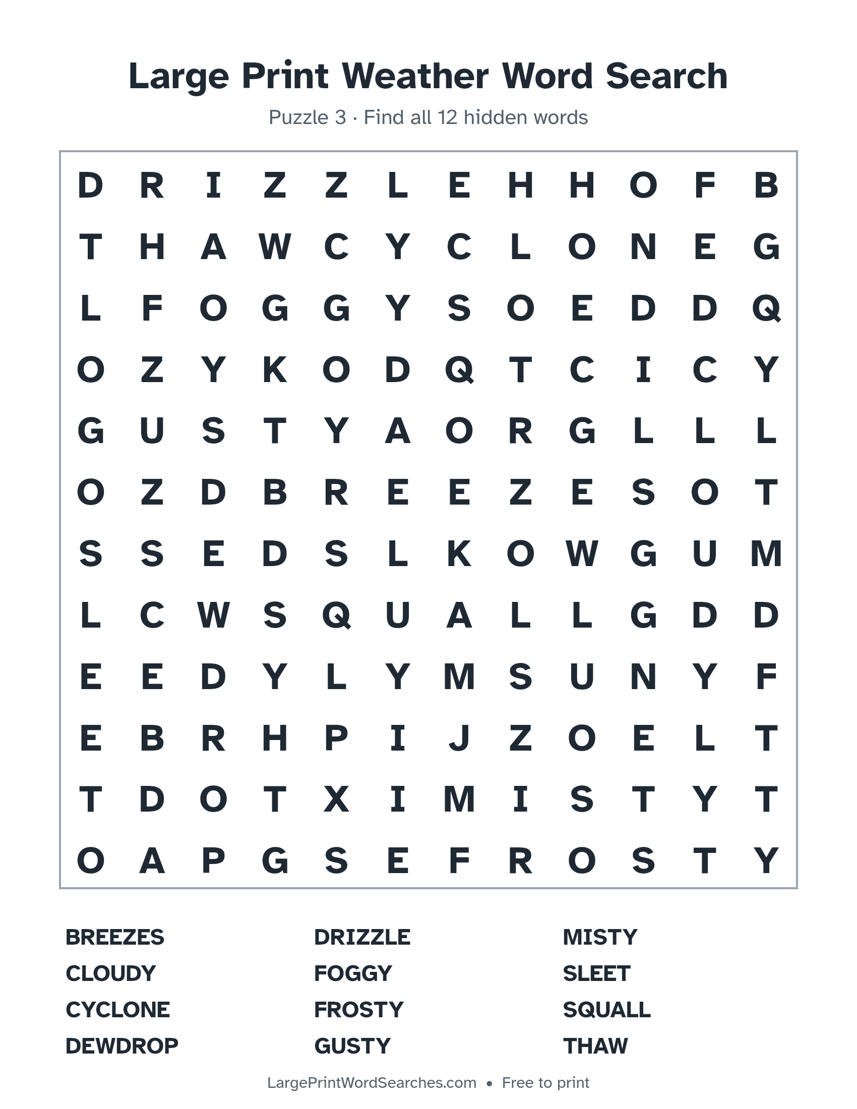Large Print Weather Word Search puzzle 3: a 12 by 12 letter grid with 12 hidden words in large print