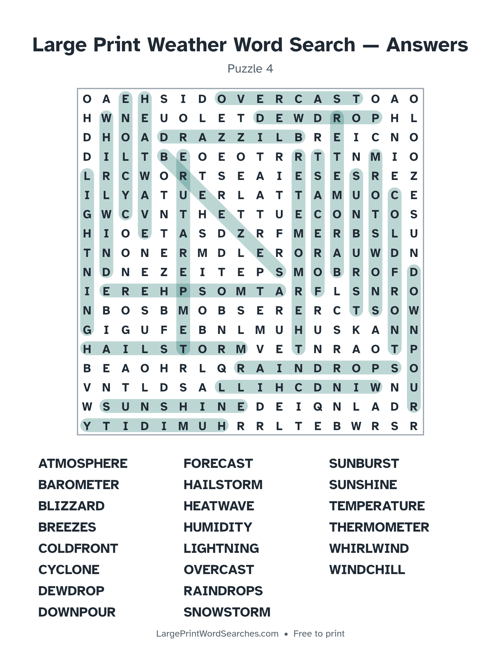 Answer key for large print weather word search puzzle 4 with every hidden word highlighted