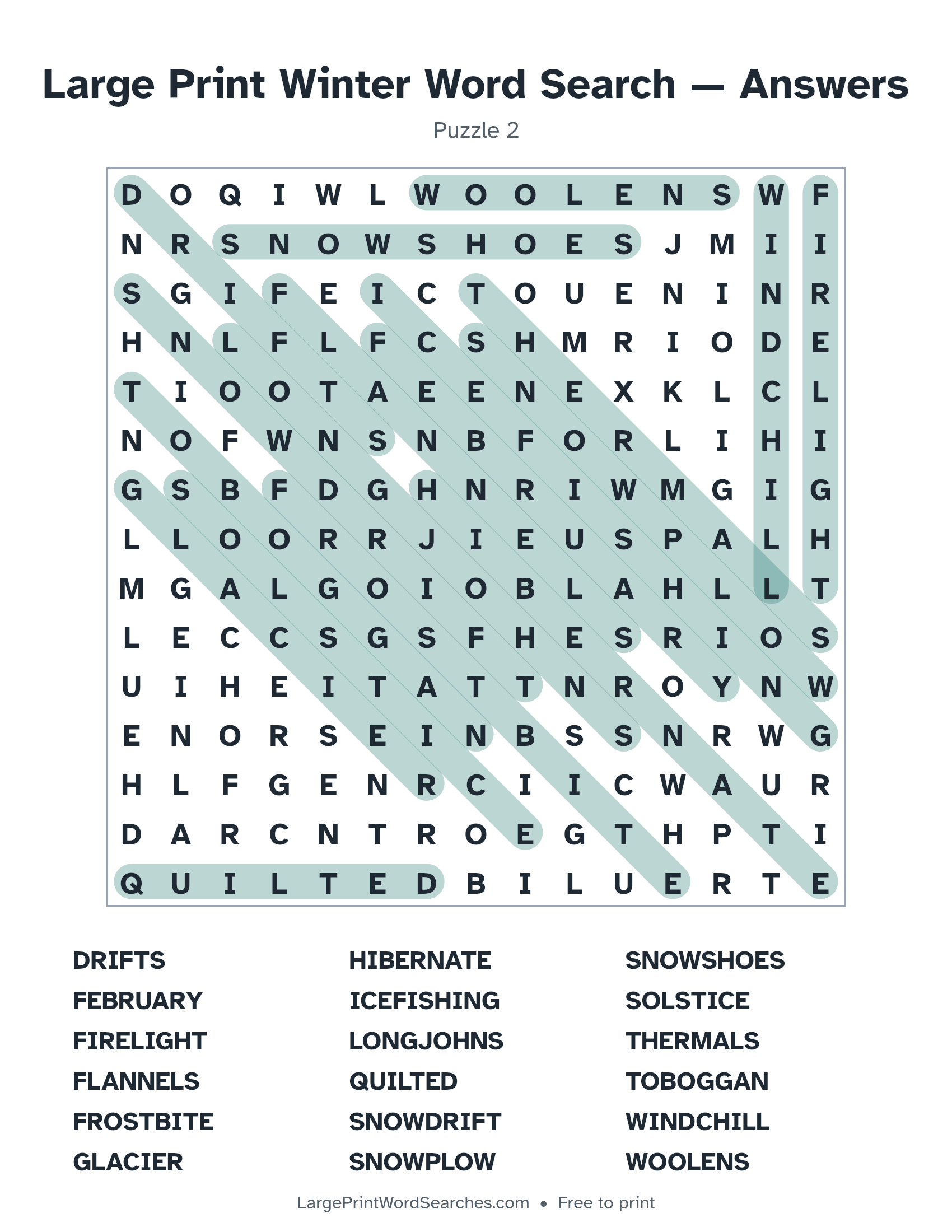 Answer key for large print winter word search puzzle 2 with every hidden word highlighted
