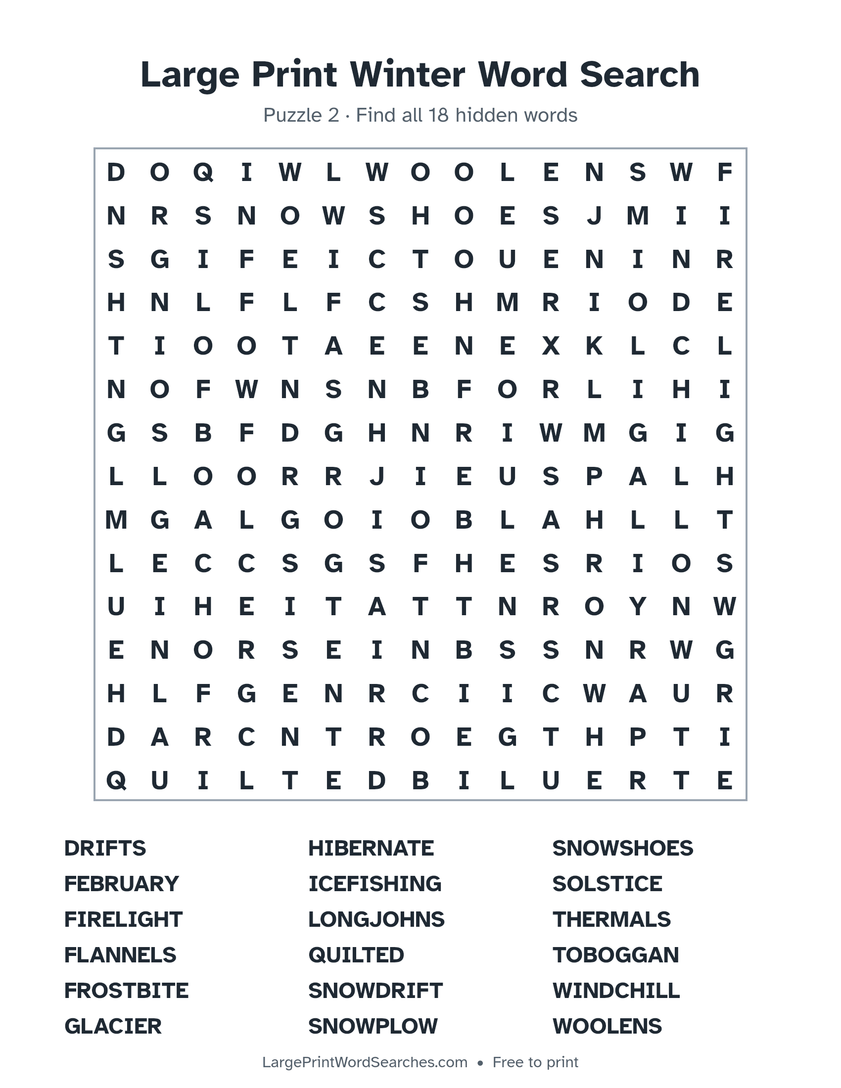Large Print Winter Word Search puzzle 2: a 15 by 15 letter grid with 18 hidden words in large print