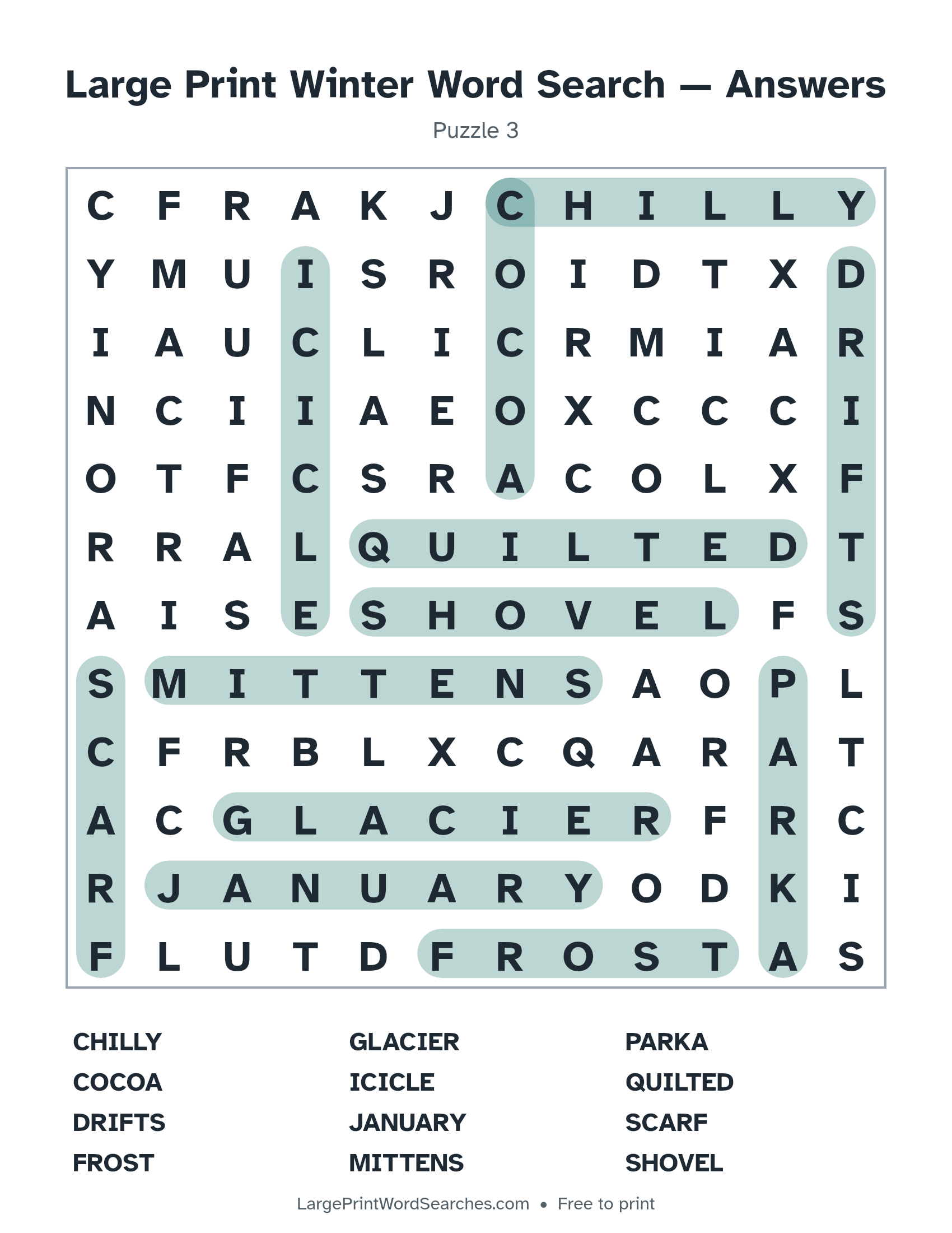 Answer key for large print winter word search puzzle 3 with every hidden word highlighted