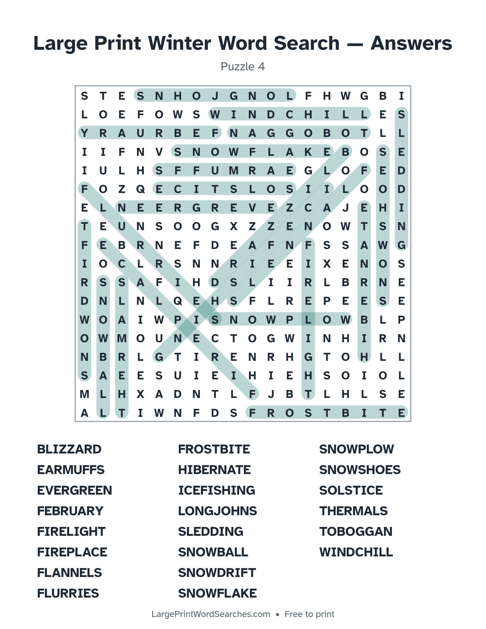 Answer key for large print winter word search puzzle 4 with every hidden word highlighted