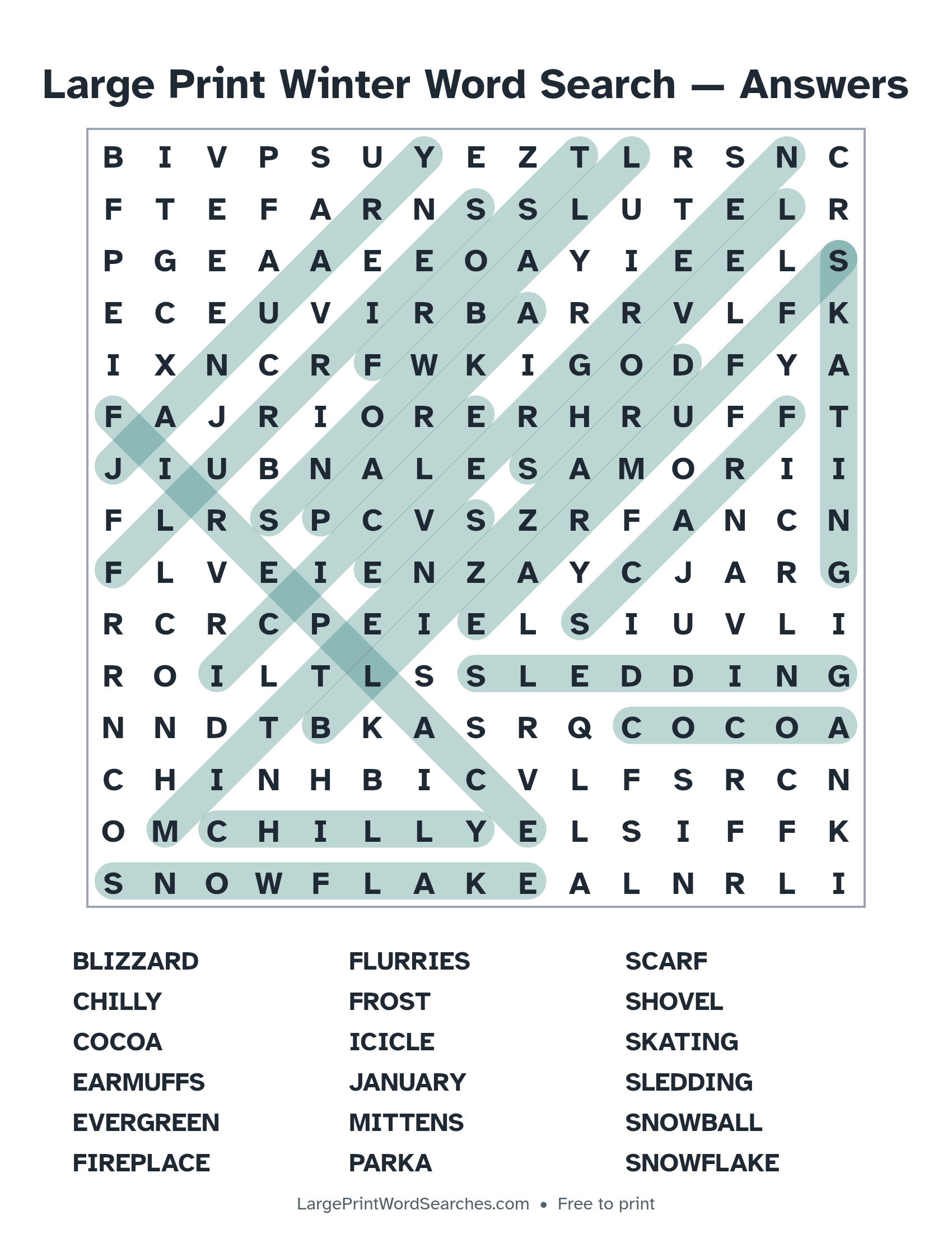 Answer key for large print winter word search puzzle 1 with every hidden word highlighted