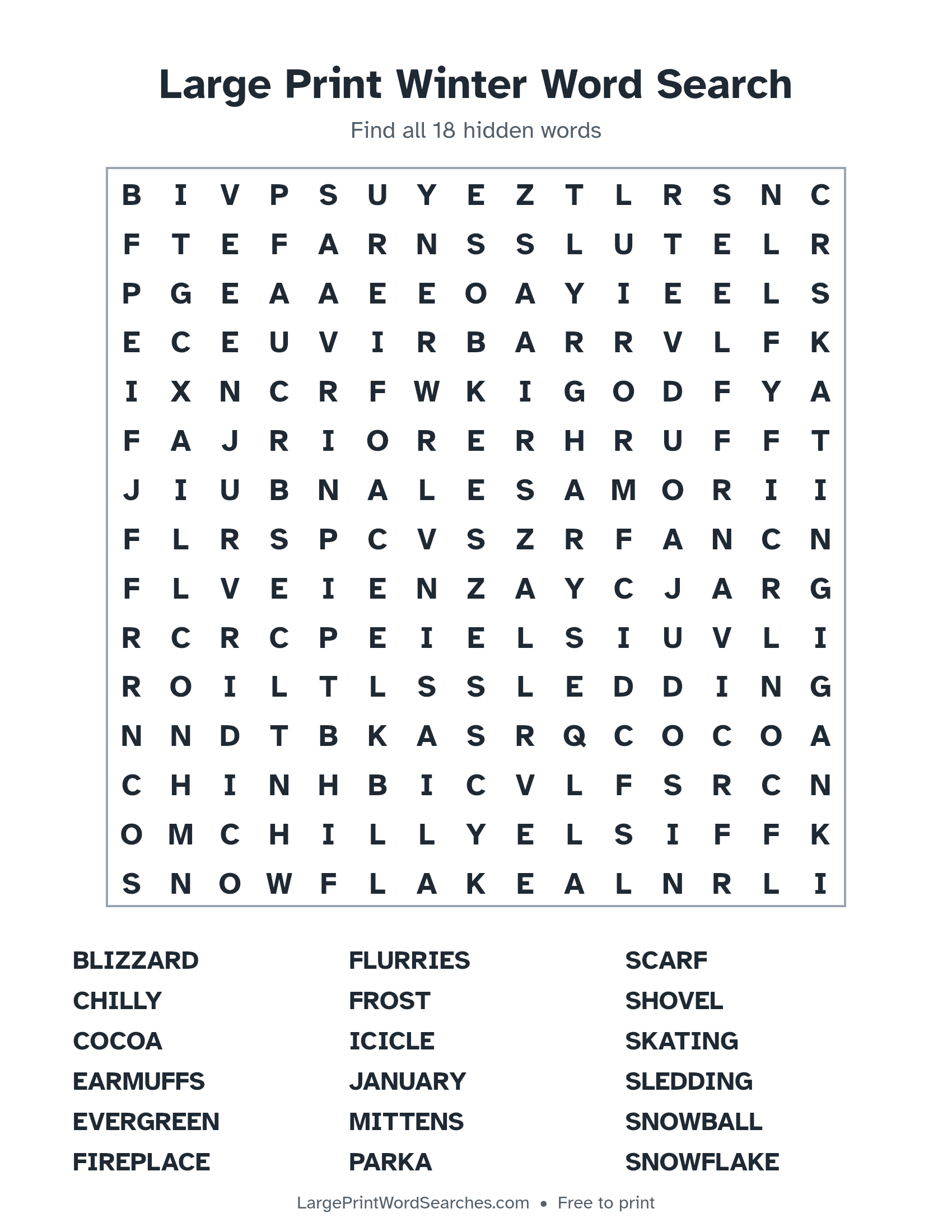 Large Print Winter Word Search puzzle 1: a 15 by 15 letter grid with 18 hidden words in large print