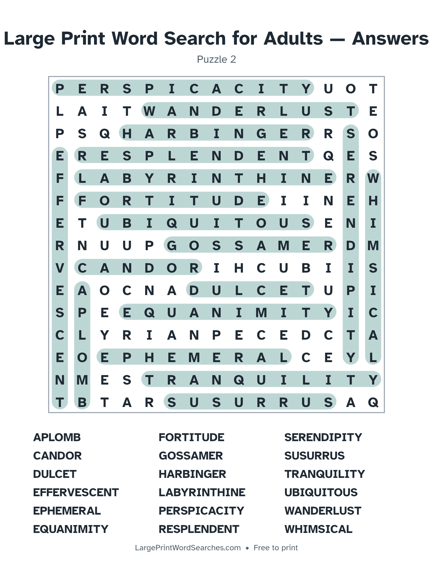 Answer key for large print word search for adults puzzle 2 with every hidden word highlighted